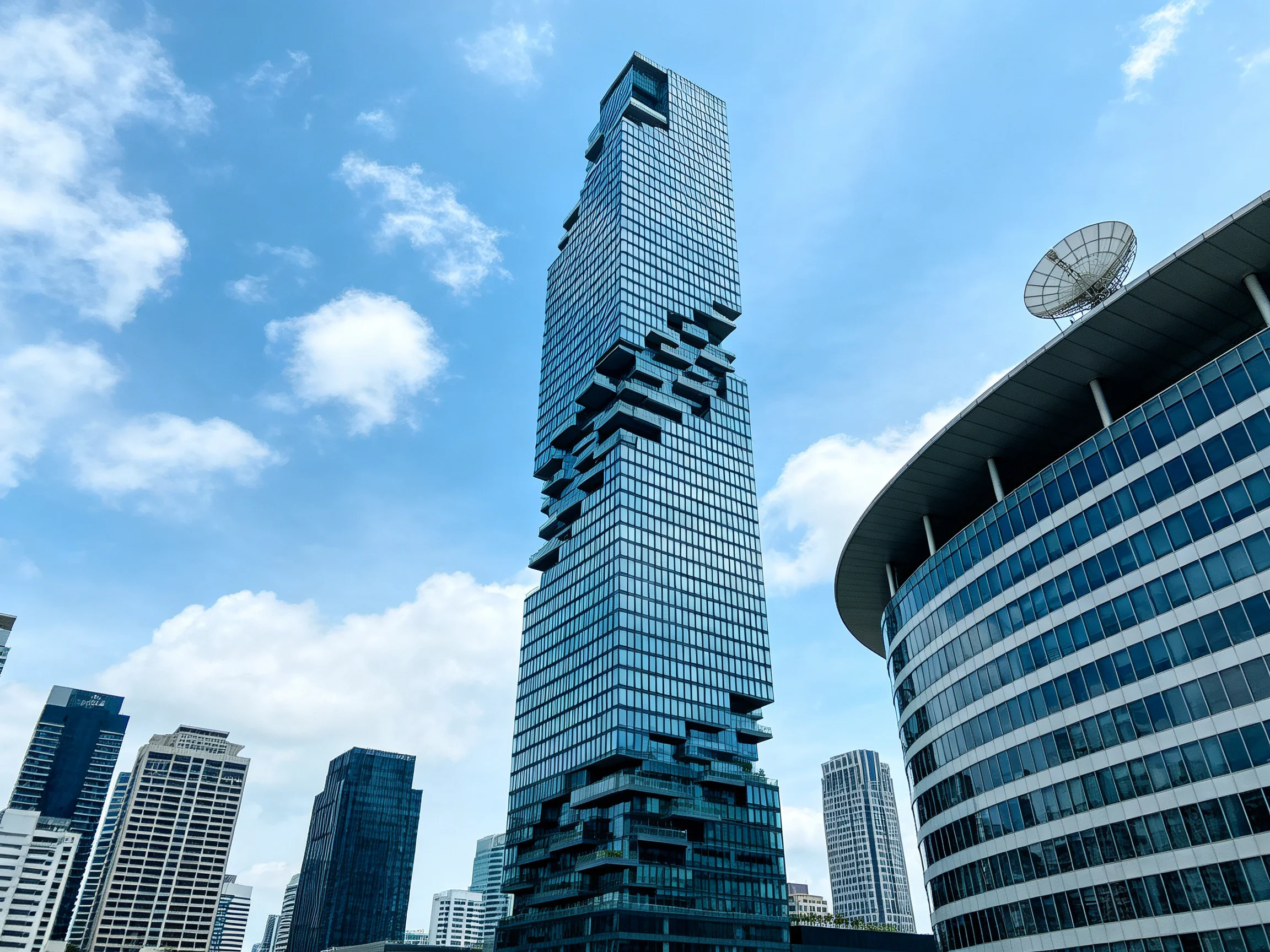 A modern skyscraper with a distinctive stepped glass design amid city buildings under blue sky