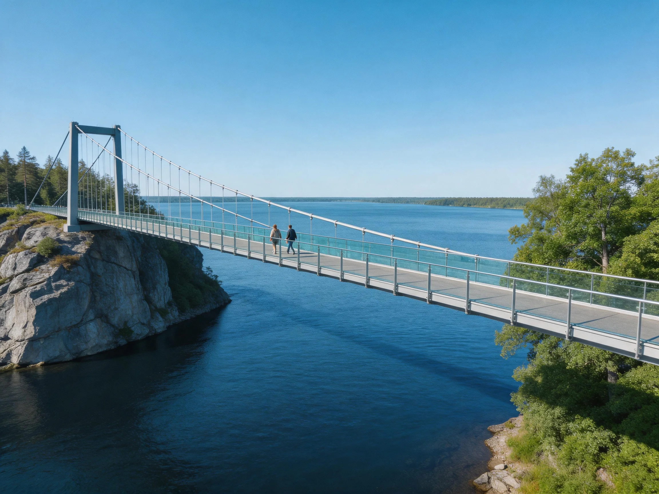 A modern suspension bridge spans turquoise waters near a rocky cliff