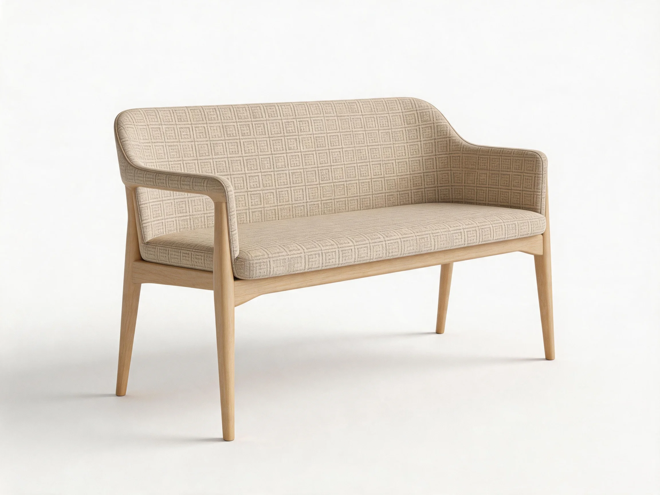 A modern two-seat bench with beige patterned upholstery and light wood frame