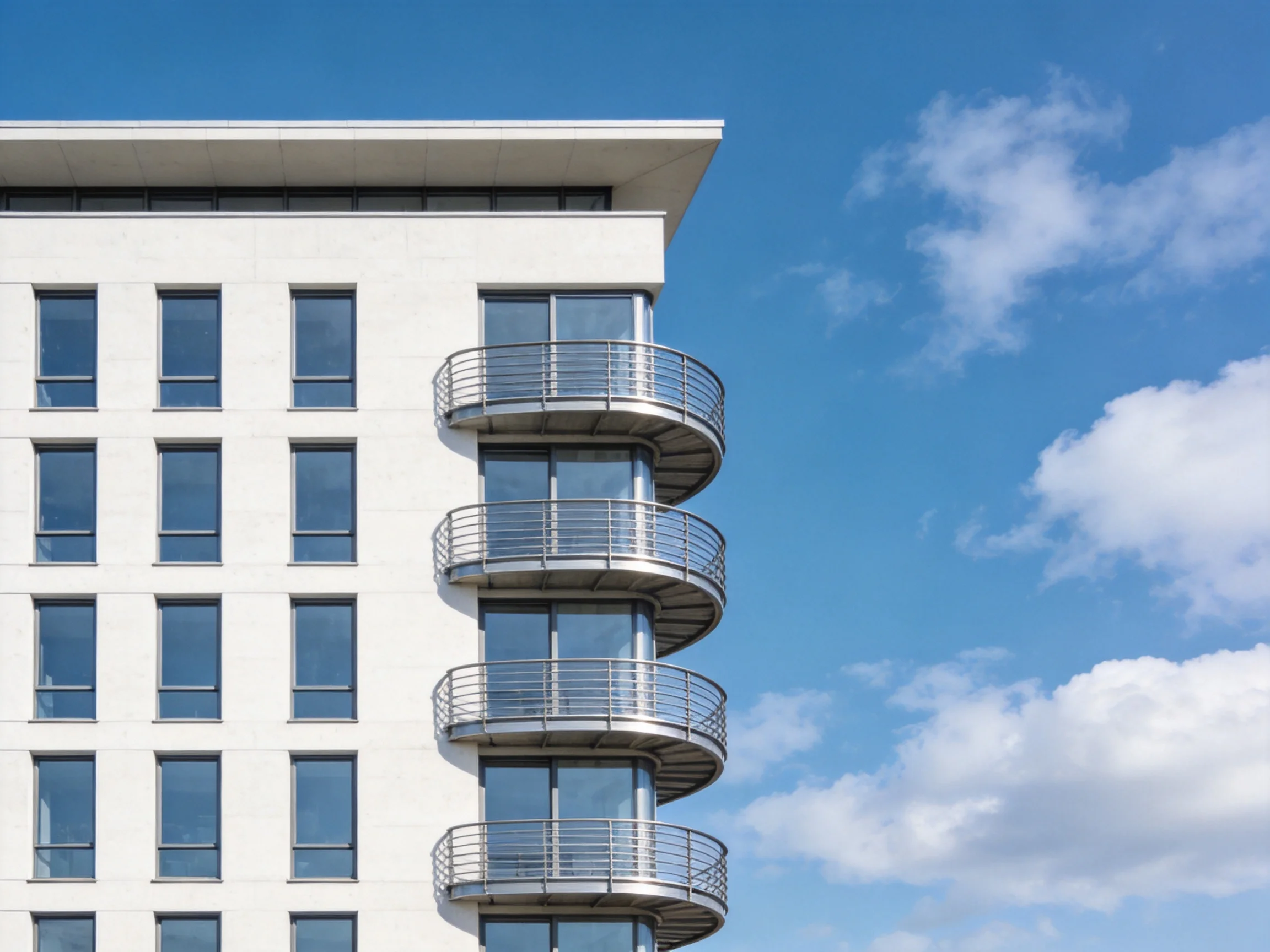A modern white apartment building with five curved balconies under a clear blue sky