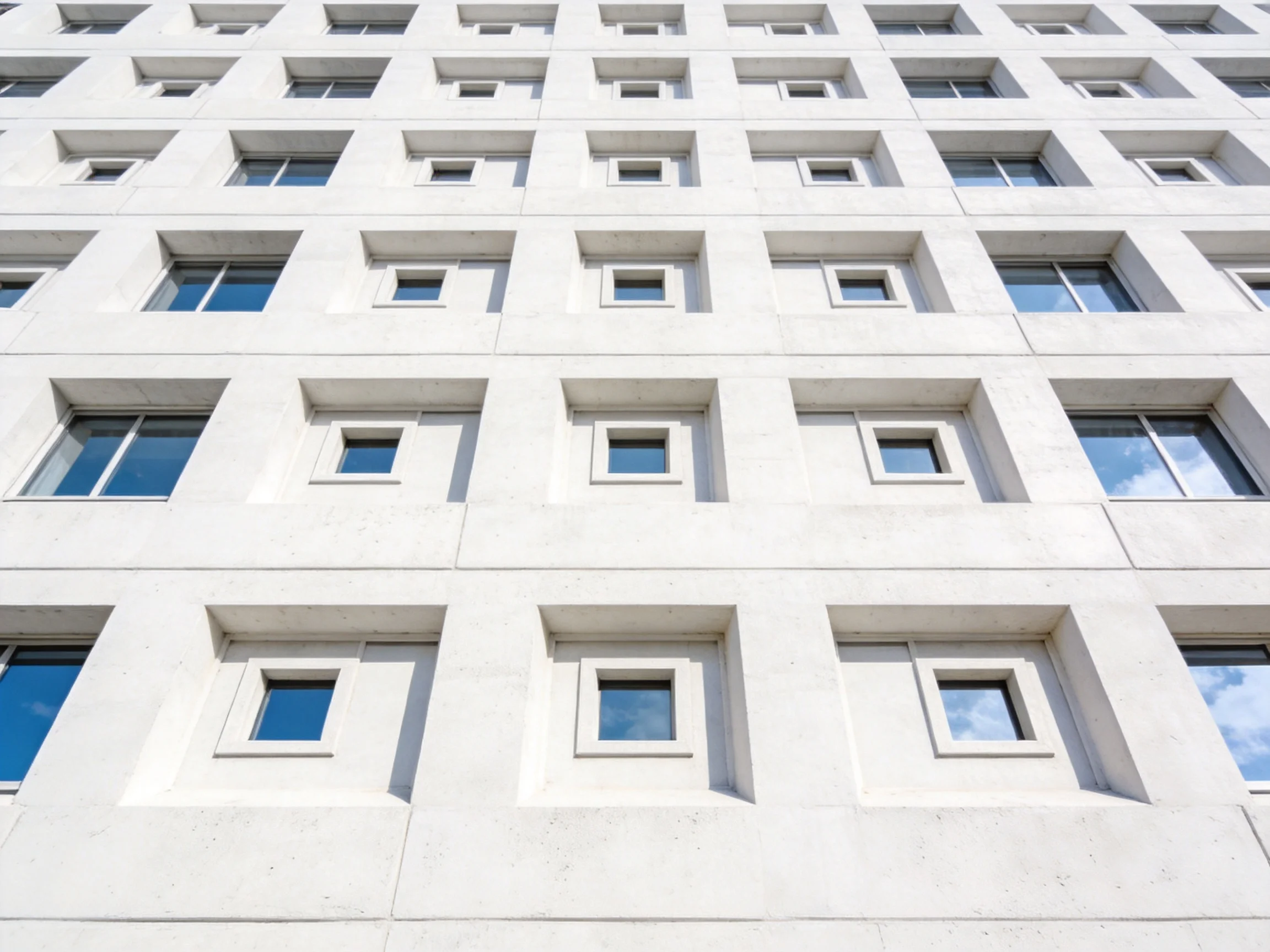 A modern white concrete building with uniform square windows