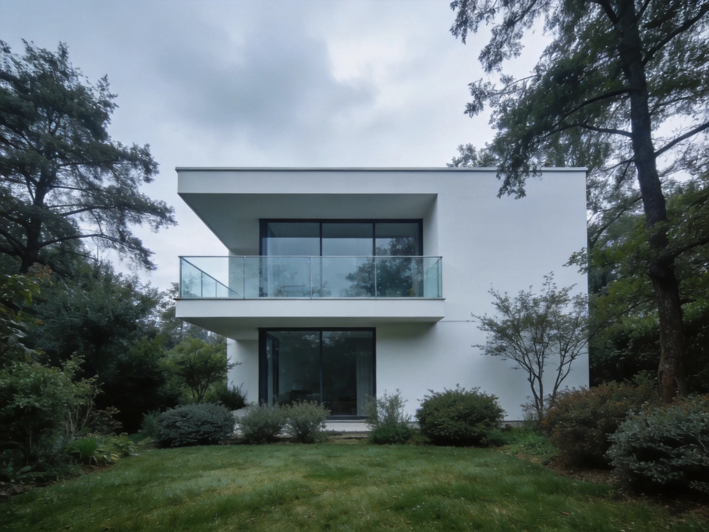 A modern white two - story house amidst lush greenery