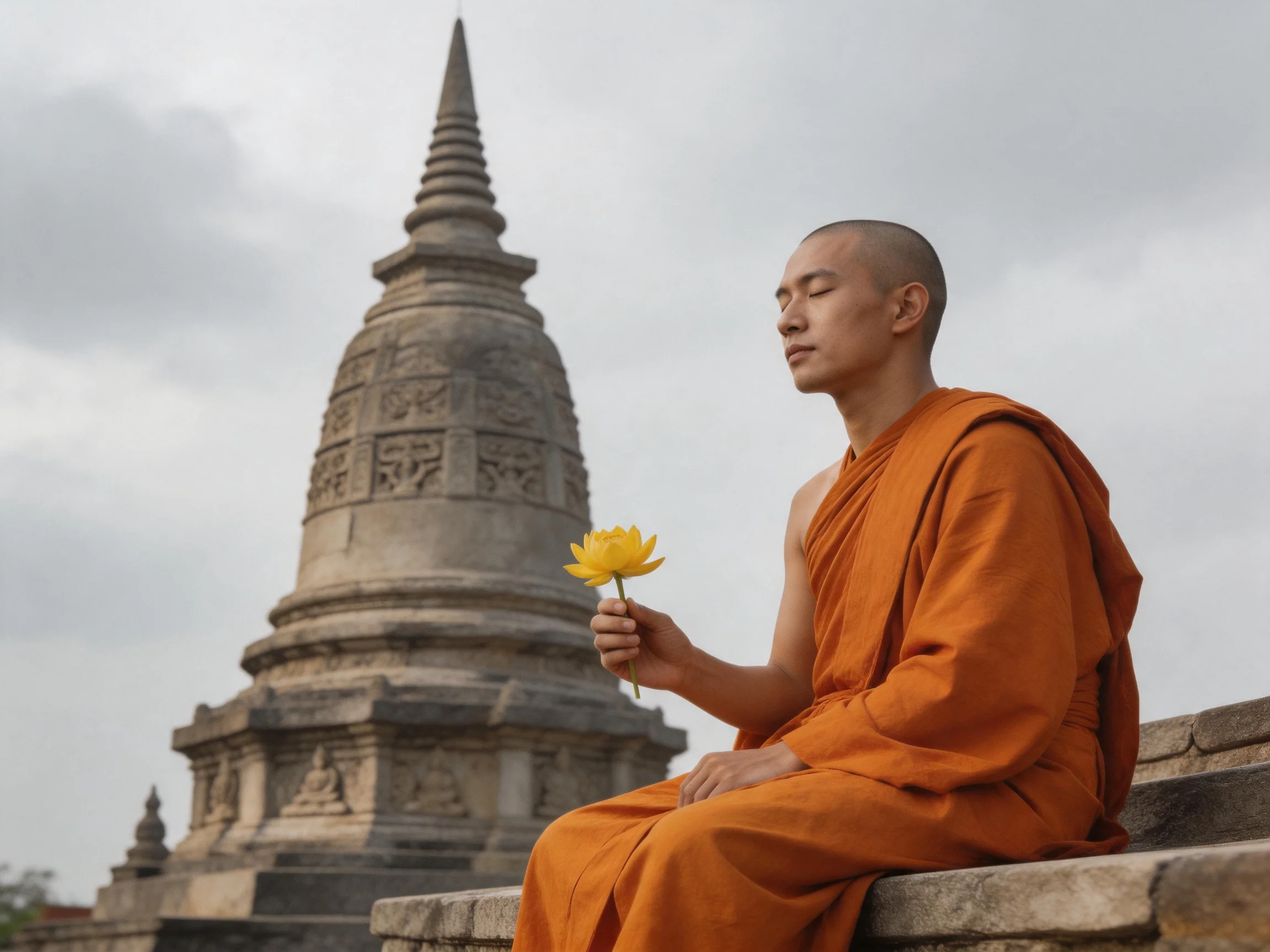 A monk in an orange robe holds a yellow flower beside ancient stone pagodas