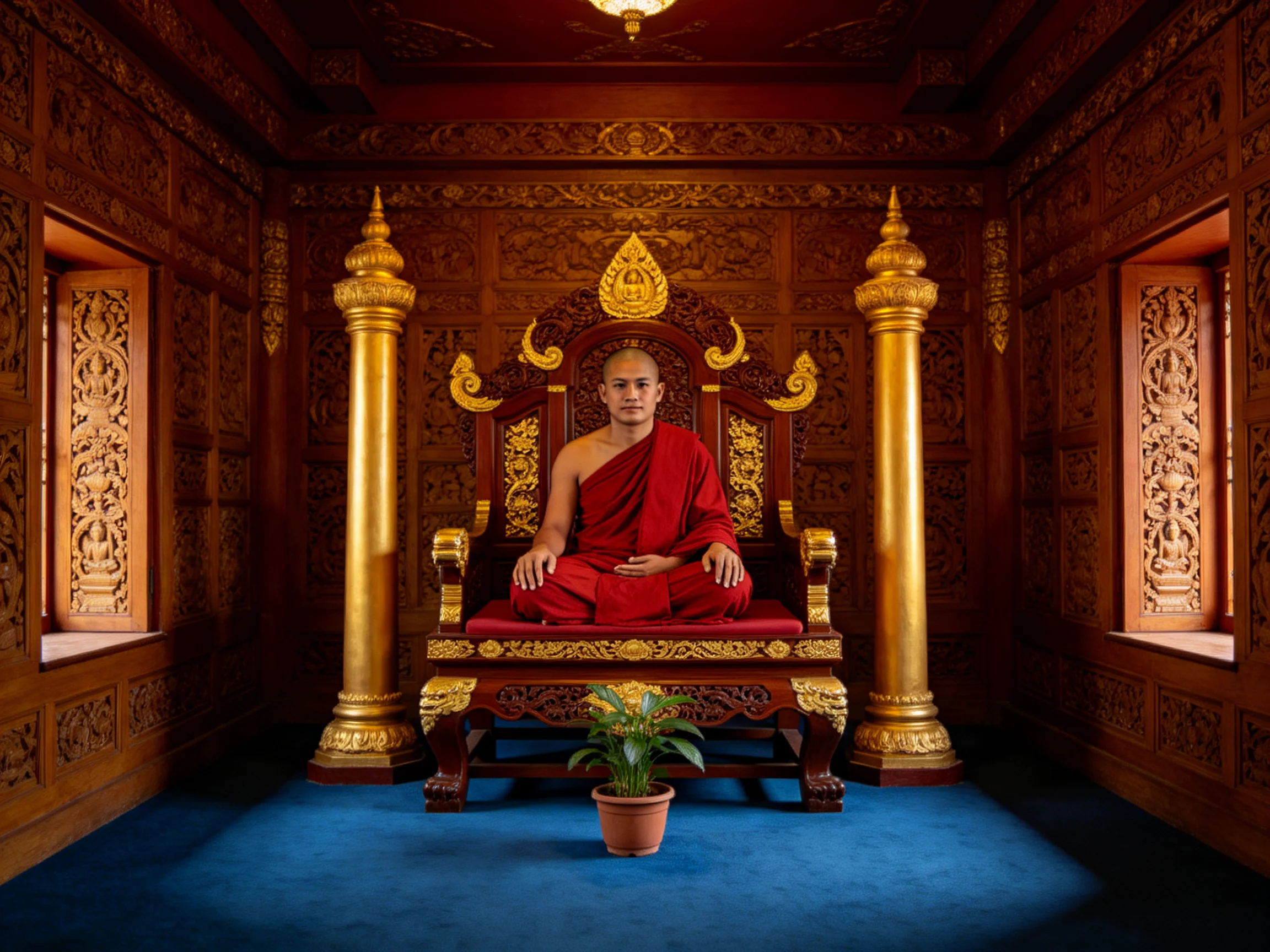 A monk in crimson robes sits on an ornate golden throne amid intricately carved wood-paneled chambers