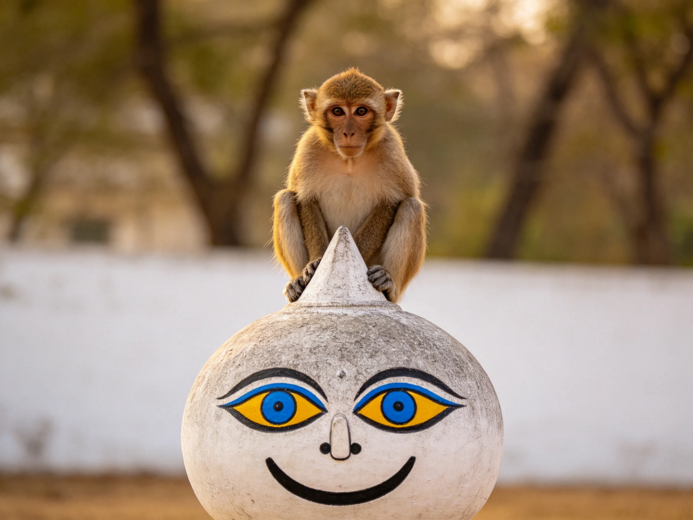 A monkey sits on a painted stone sculpture near a white wall