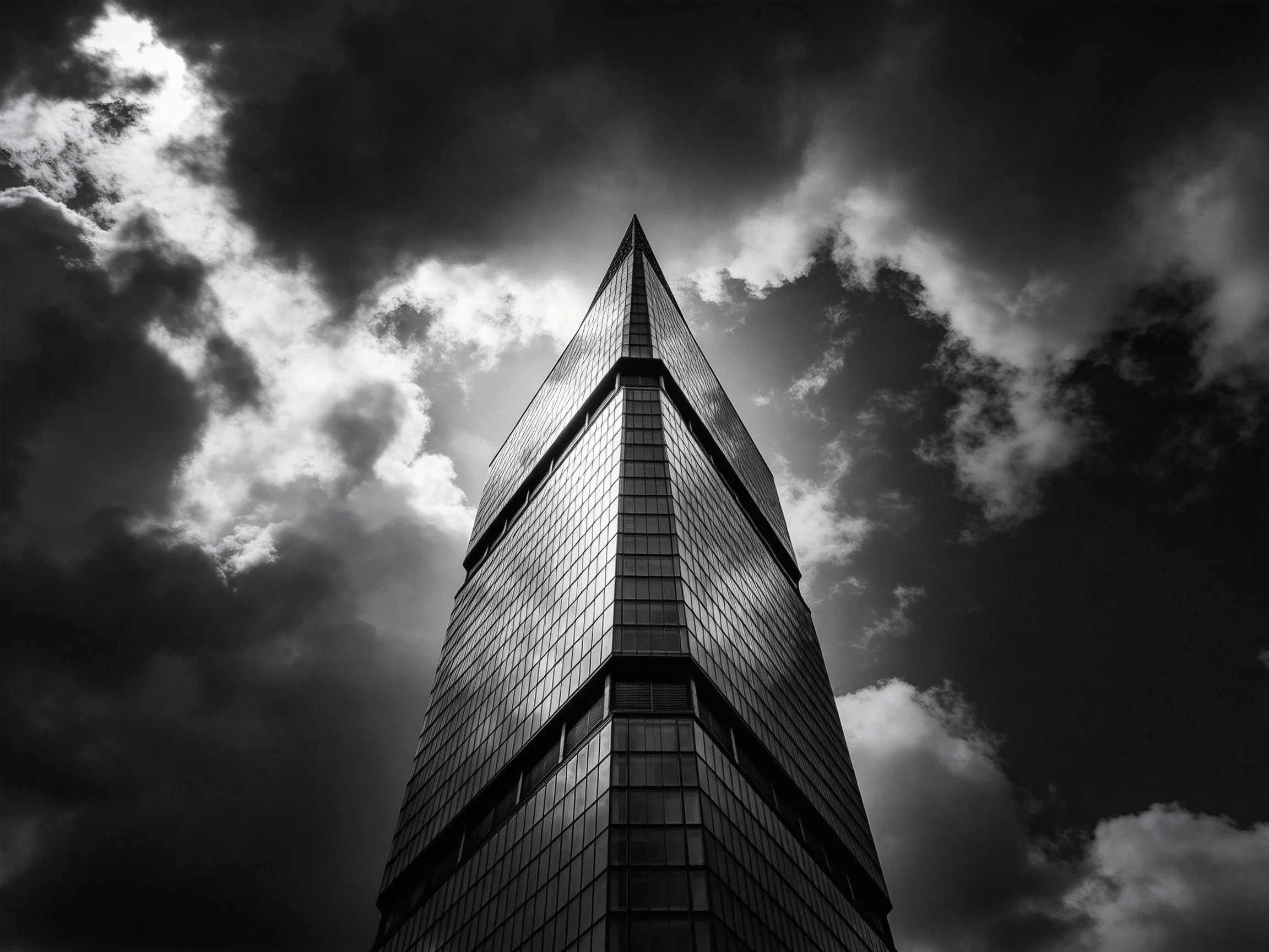 A monochromatic skyscraper stands against dramatic, cloud-strewn skies