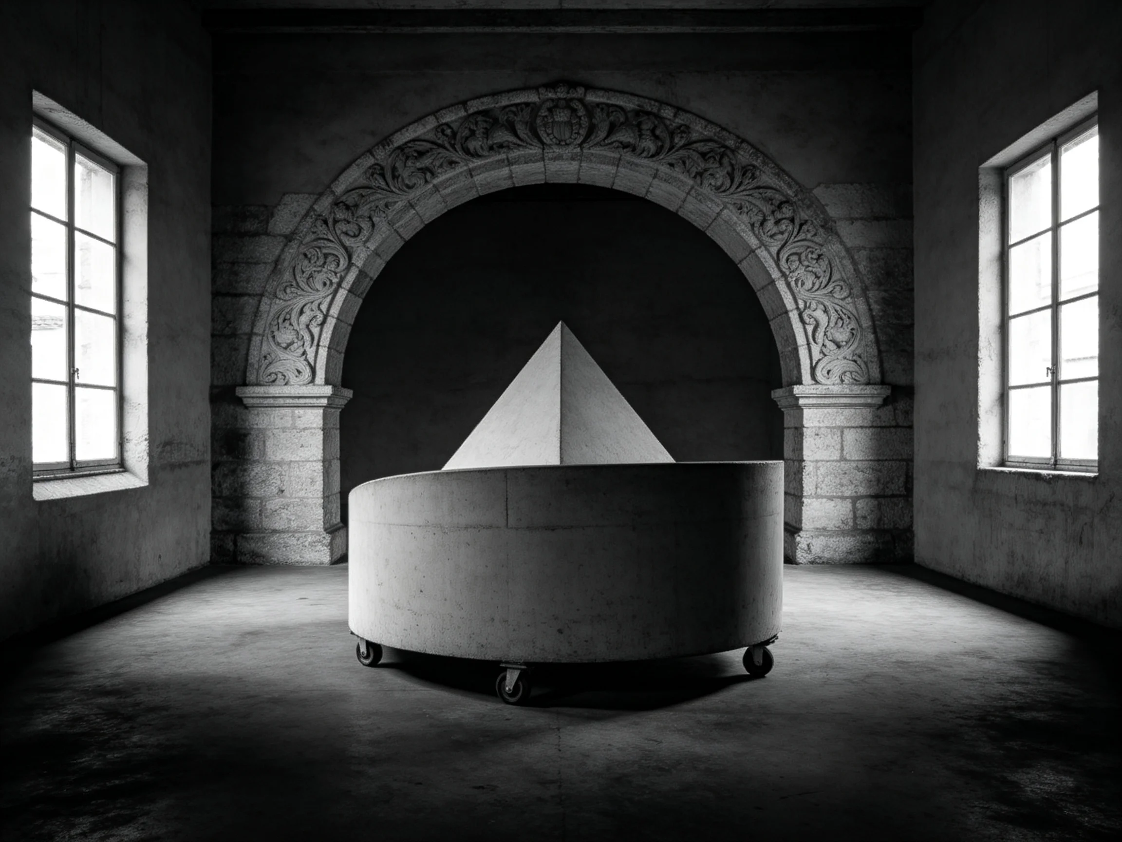 A monochrome scene with a large circular structure and triangular form beneath an ornate stone arch