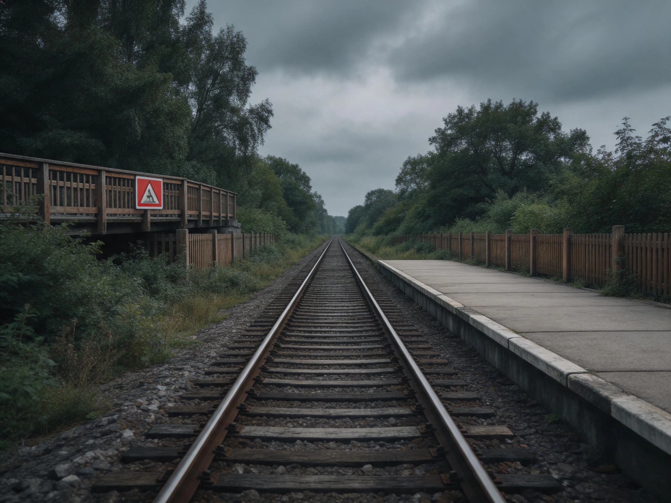 A moody railway track with wooden bridge and overcast sky