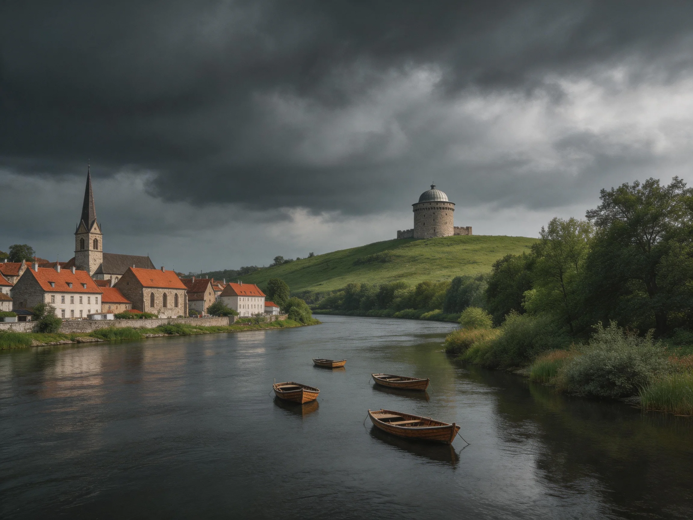 A moody river scene with wooden boats, red-roofed village, and ancient tower