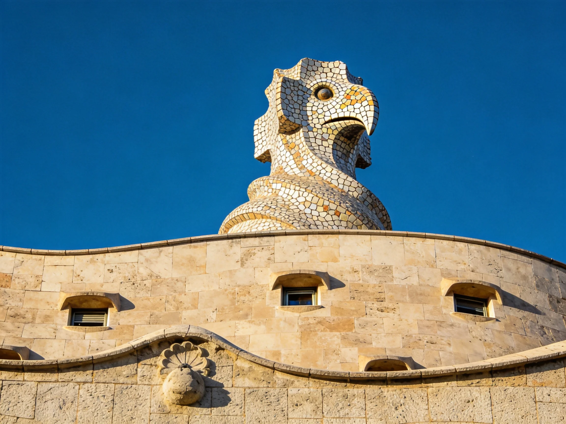 A mosaic bird sculpture atop a curved stone building