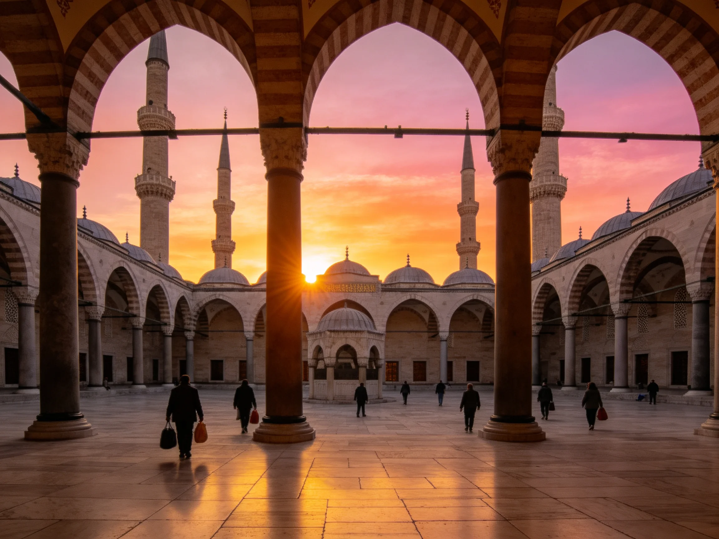 A mosque courtyard with arches, minarets, and a colorful sunset sky