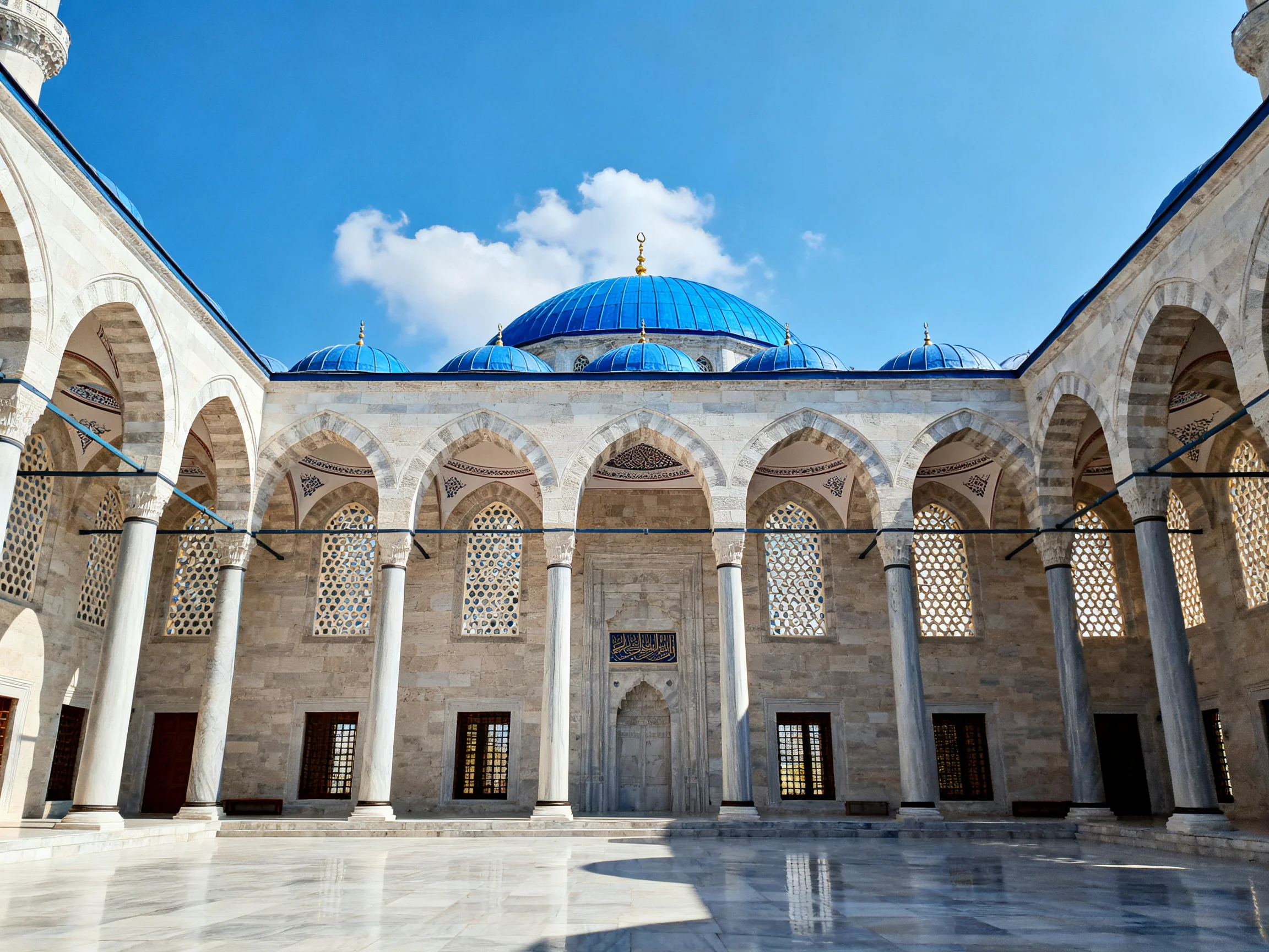 A mosque courtyard with vibrant blue domes and stone archways