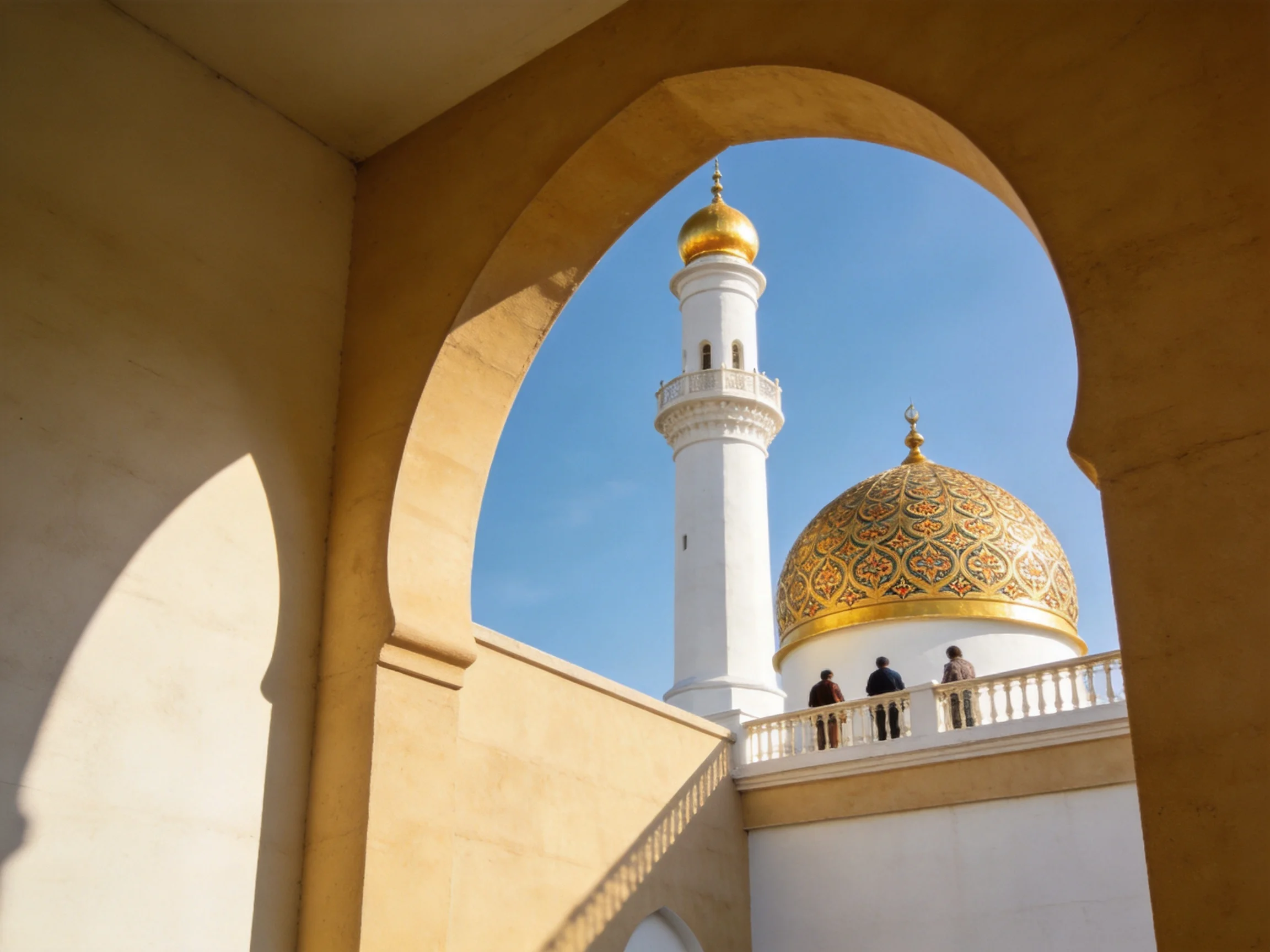 A mosque with golden domes and a white minaret viewed through an arch