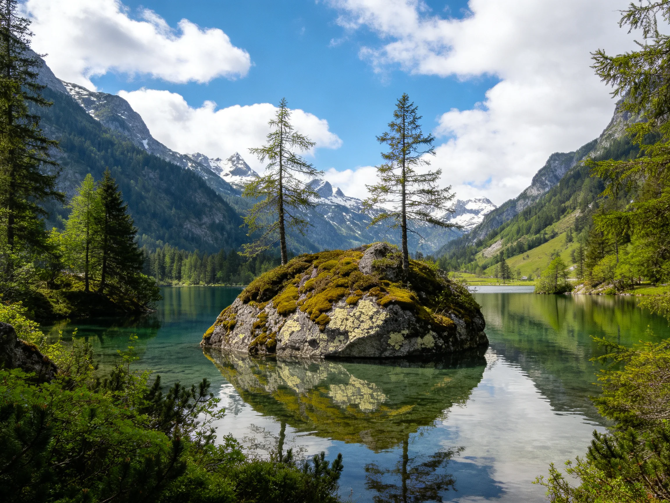 A moss - covered rock island with two pine trees in a crystal - clear alpine lake