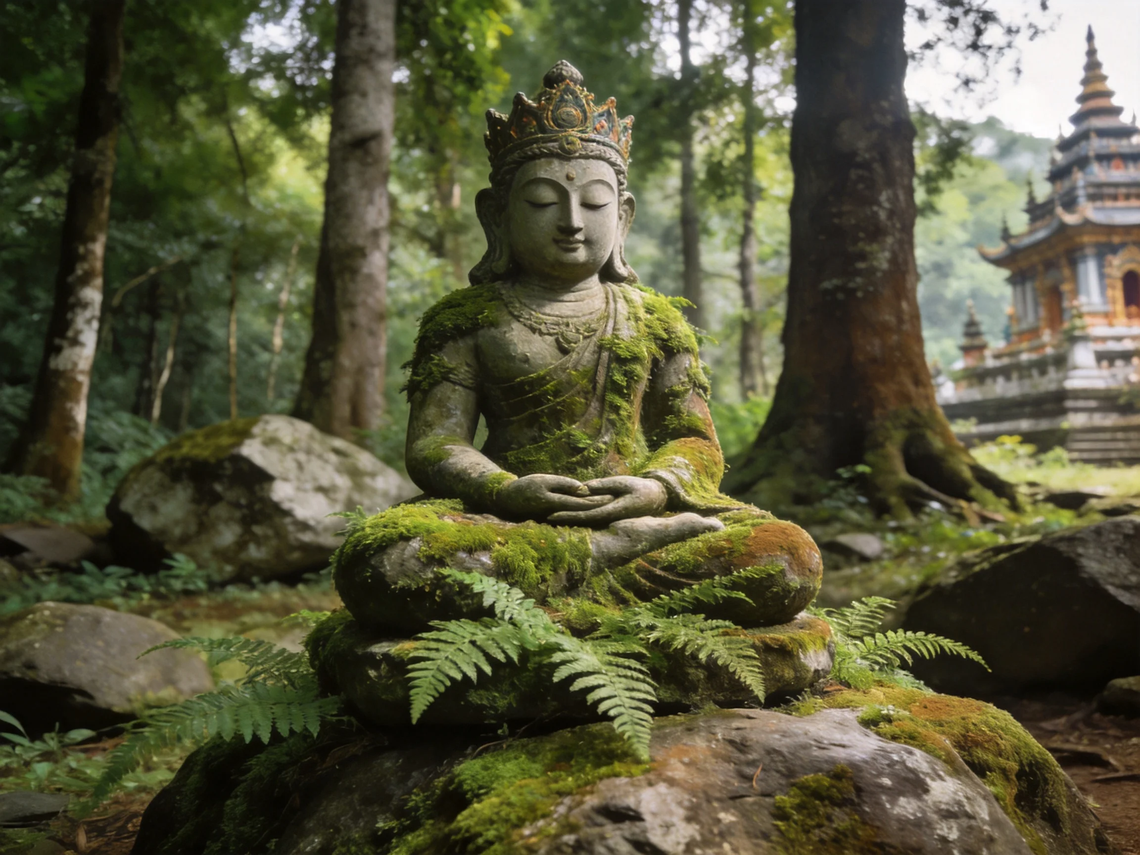 A moss-covered stone Buddha statue in a lush forest near an ancient temple