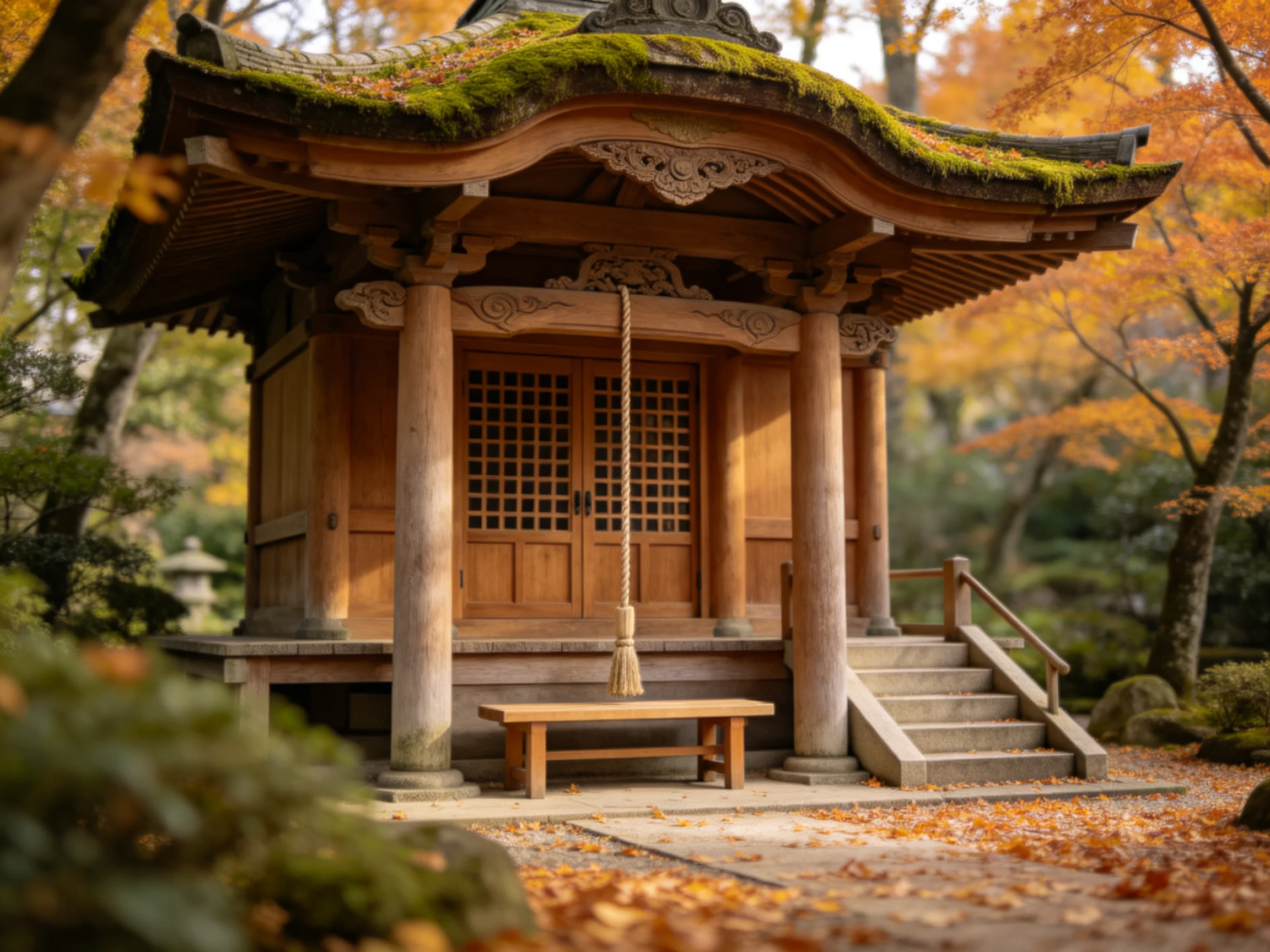 A moss-covered wooden shrine amid golden autumn foliage