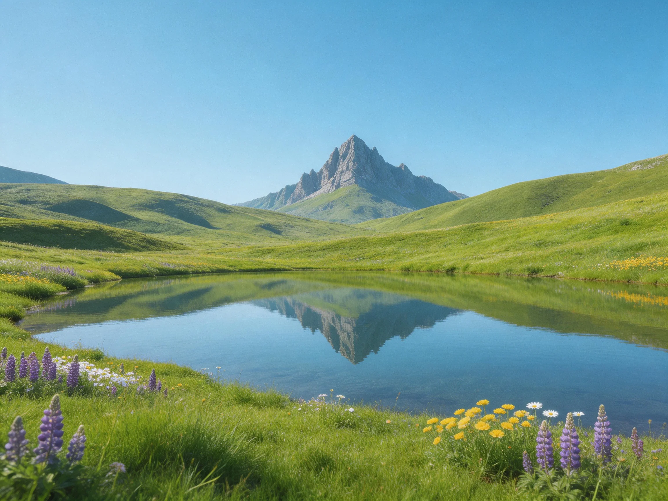 A mountain reflects in a calm lake among green hills and wildflowers