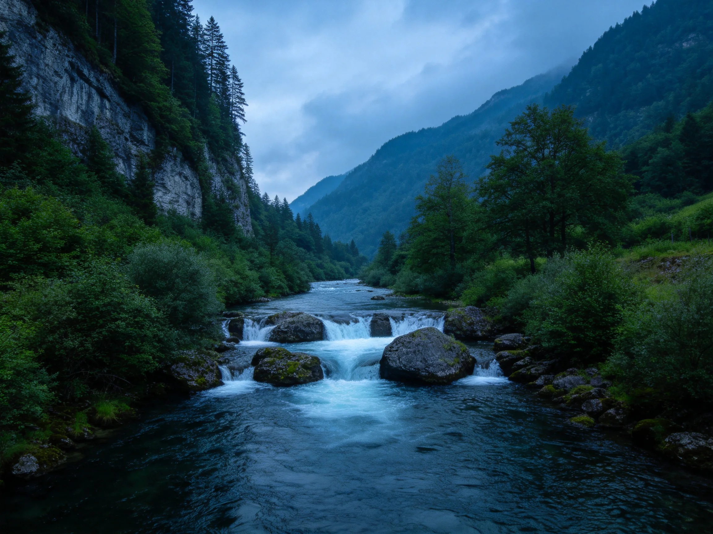 A mountain stream flows over mossy rocks in a lush forested valley