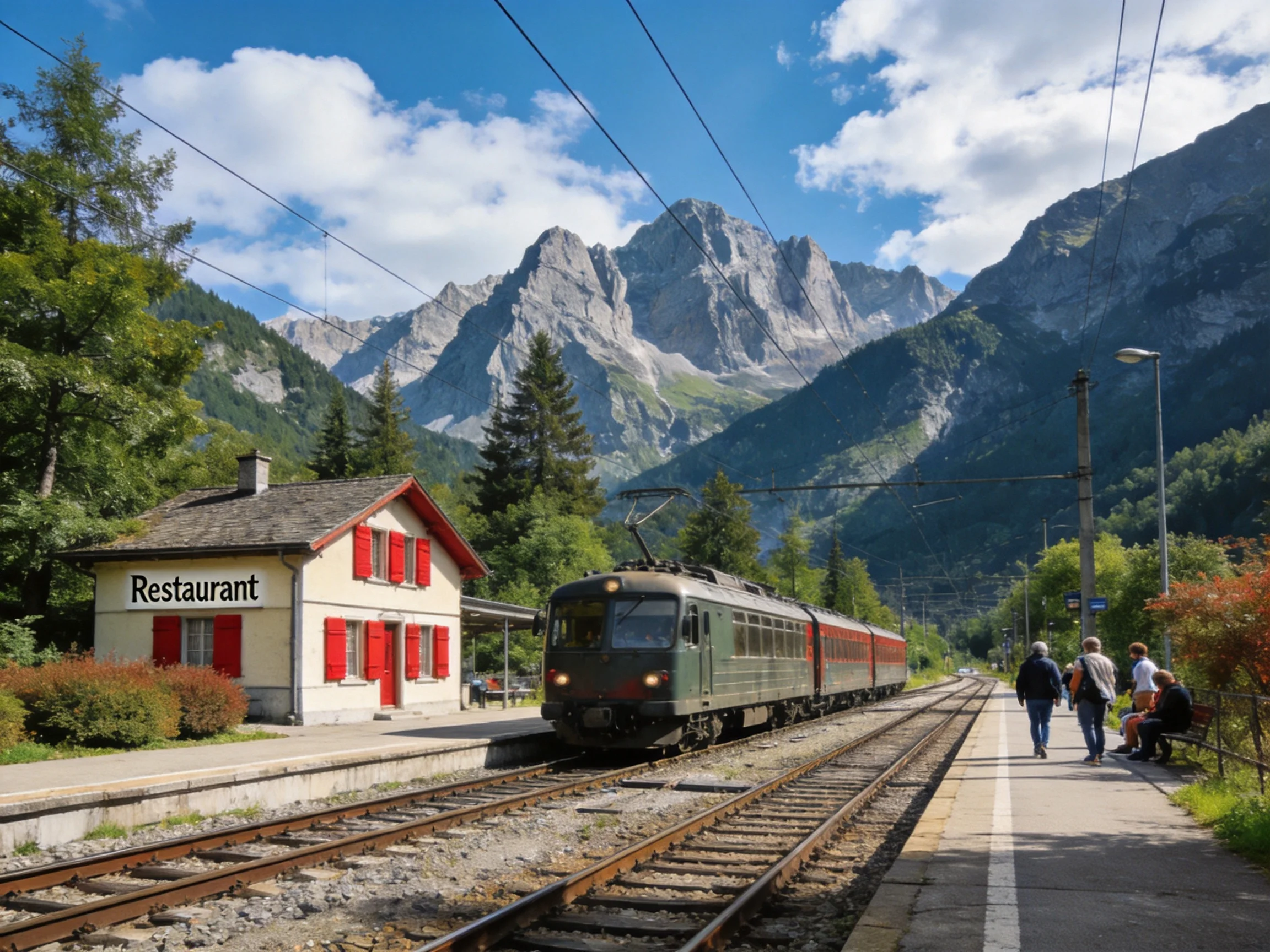 A mountain train station with a green locomotive and cream restaurant