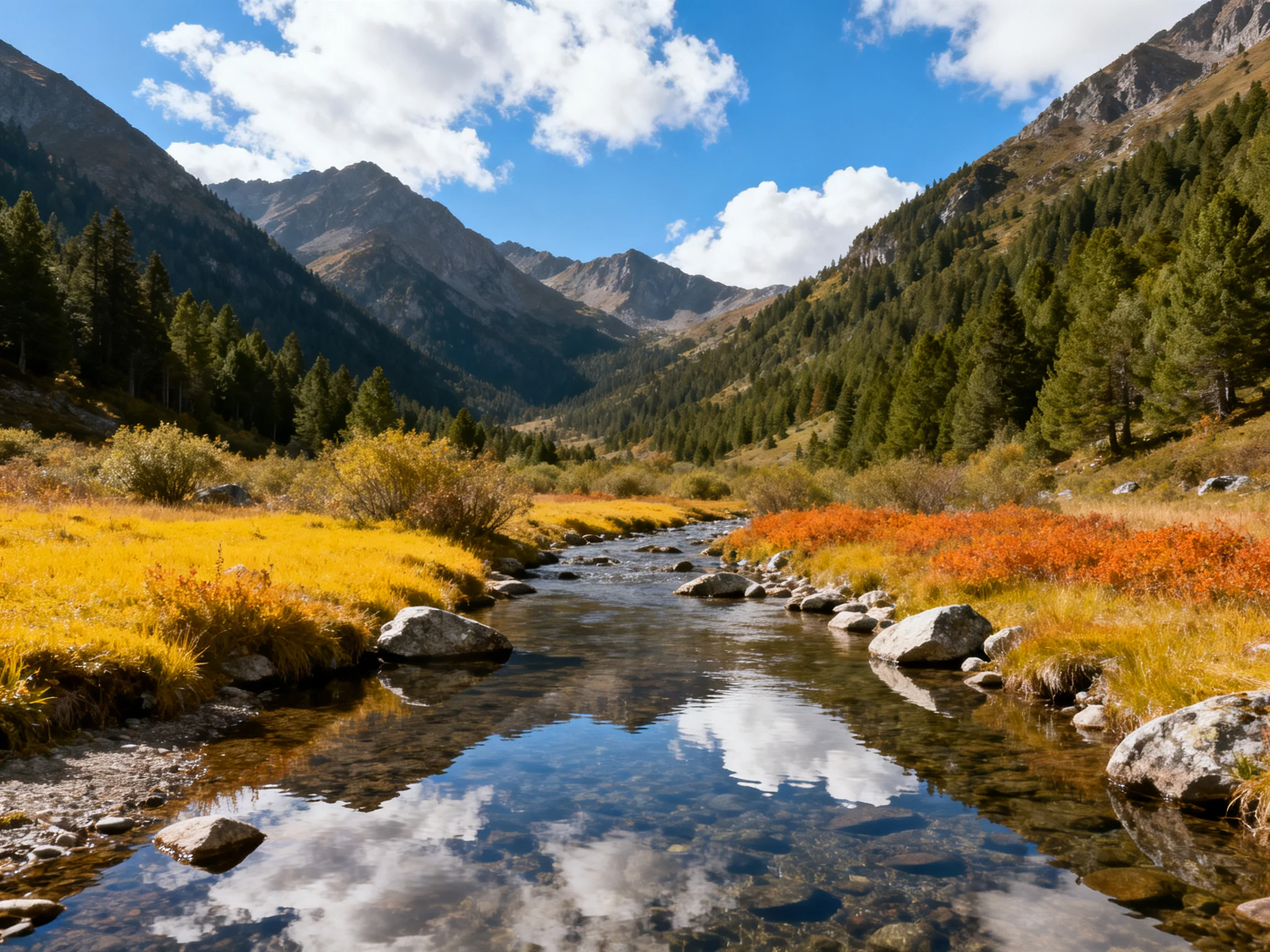 A mountain valley stream with vibrant fall foliage and forested slopes