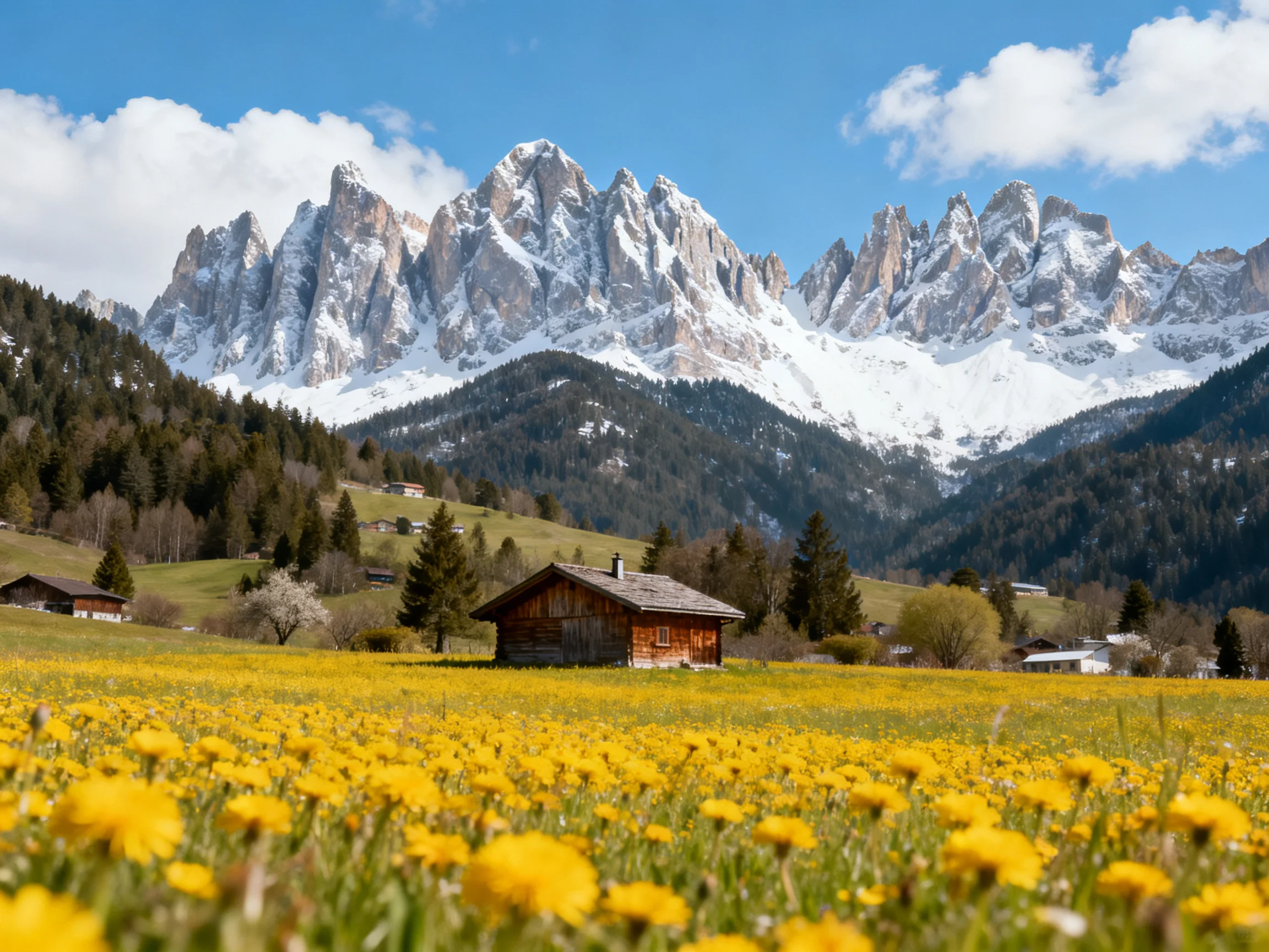 A mountainous landscape with vibrant yellow meadows and snow-capped peaks