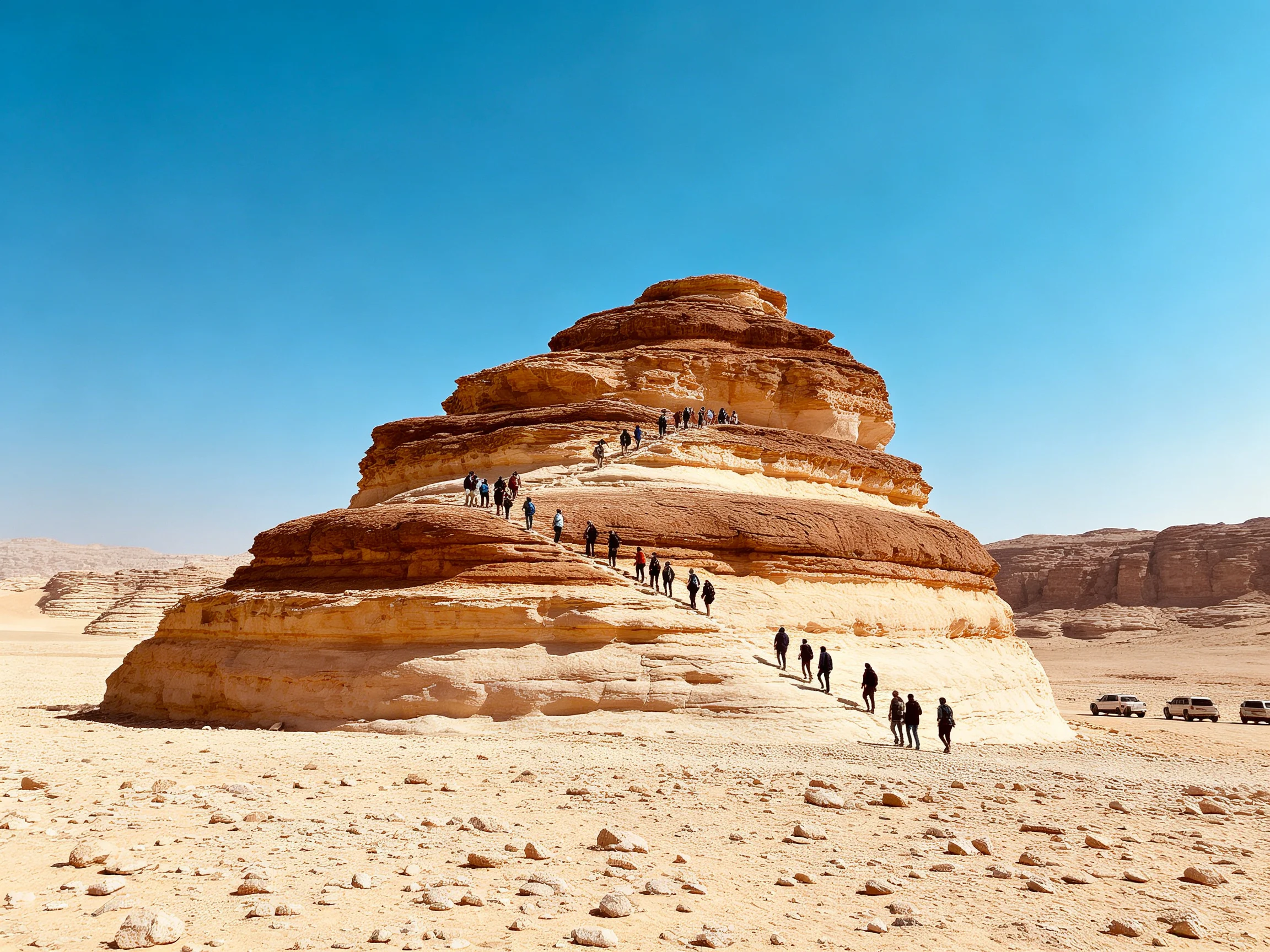 A multi-layered sandstone formation with tourists climbing in a desert landscape