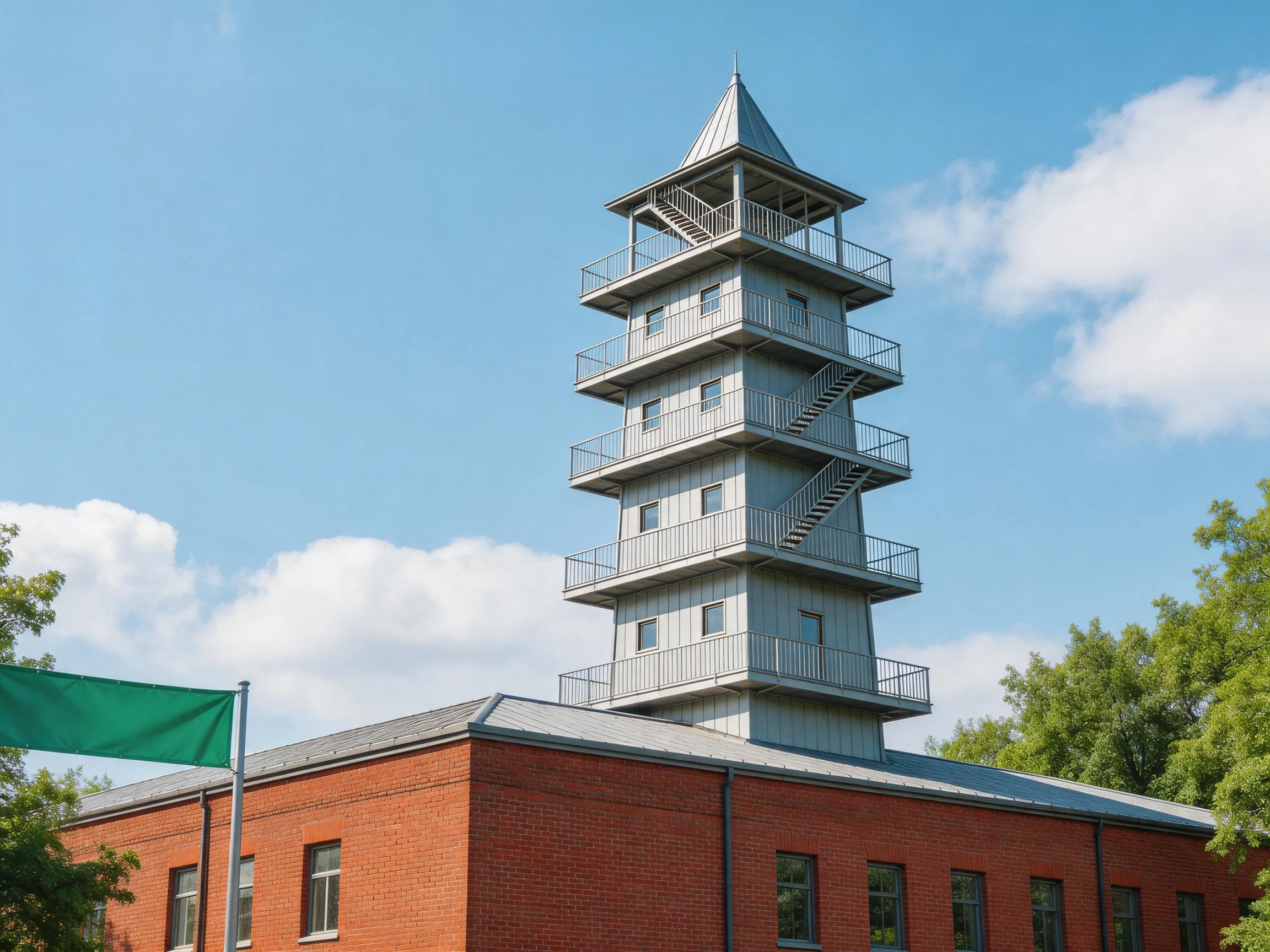 A multi-level gray tower atop a red-brick building