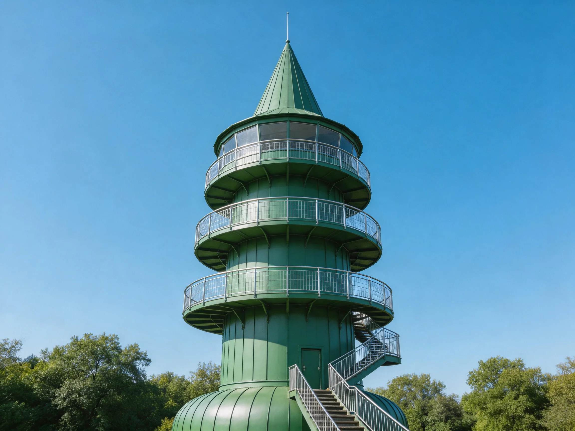 A multi-level green observation tower with spiral stairs
