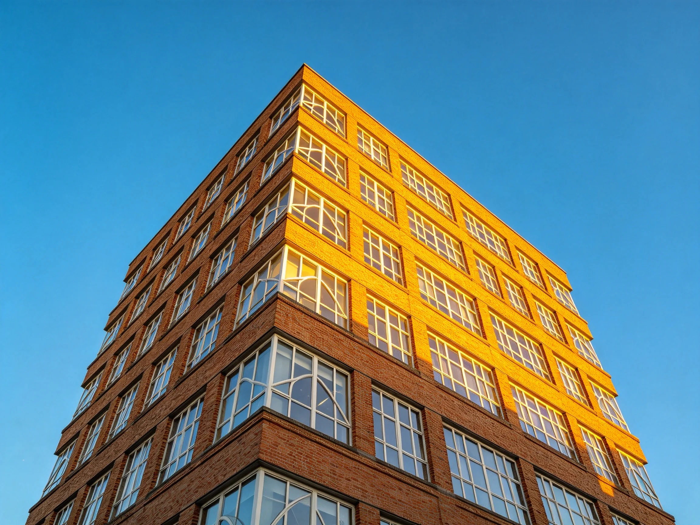 A multi-story brick building lit by golden sunlight against a clear blue sky