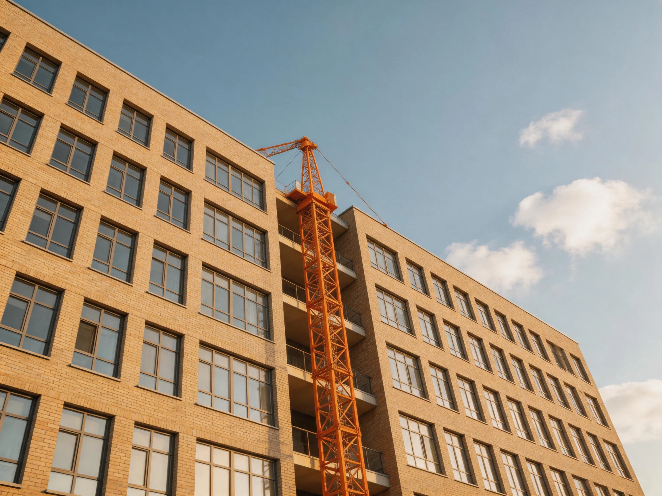 A multi - story brick building with an orange construction crane