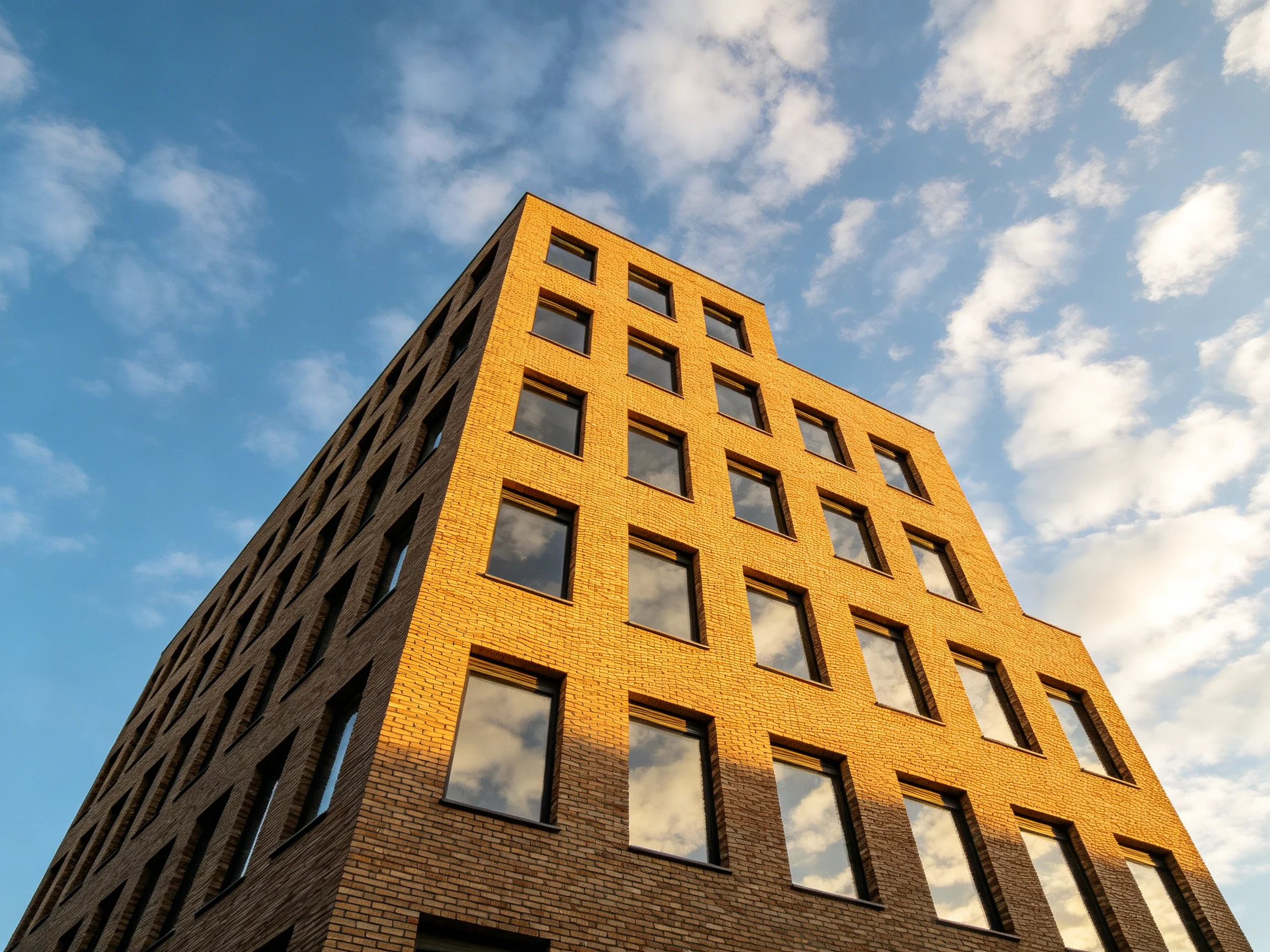 A multi - story brick building with golden facade under blue sky