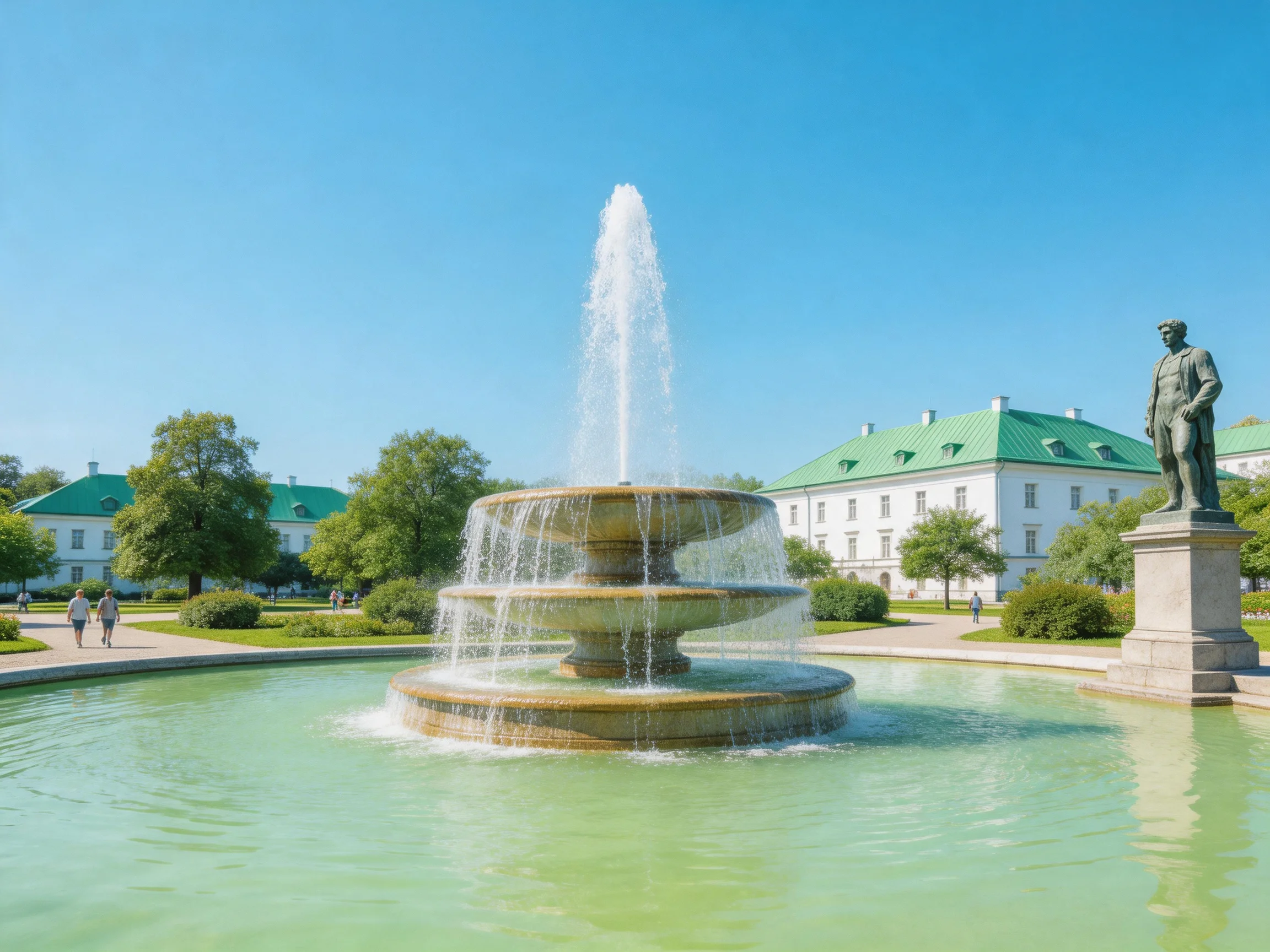 A multi - tiered fountain near green - roofed buildings and bronze statue