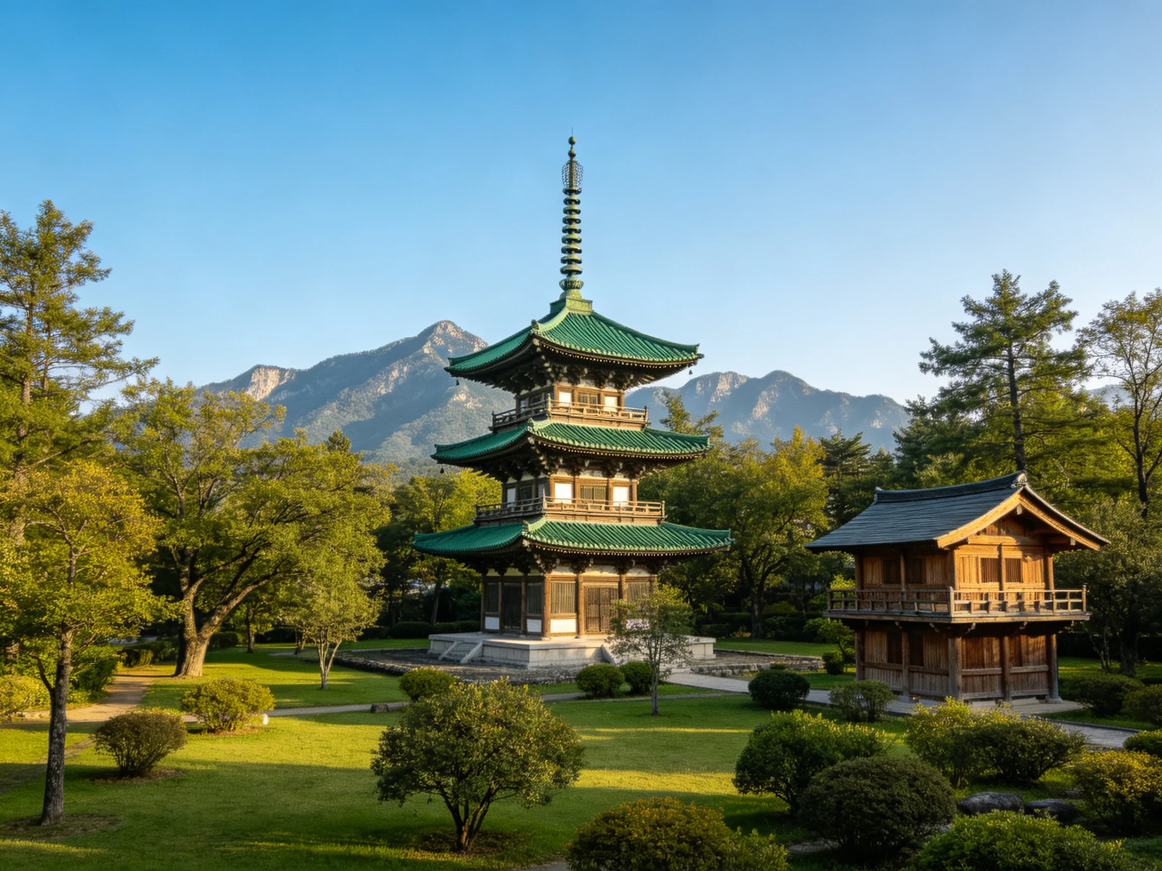 A multi-tiered green pagoda near a wooden structure with lush gardens