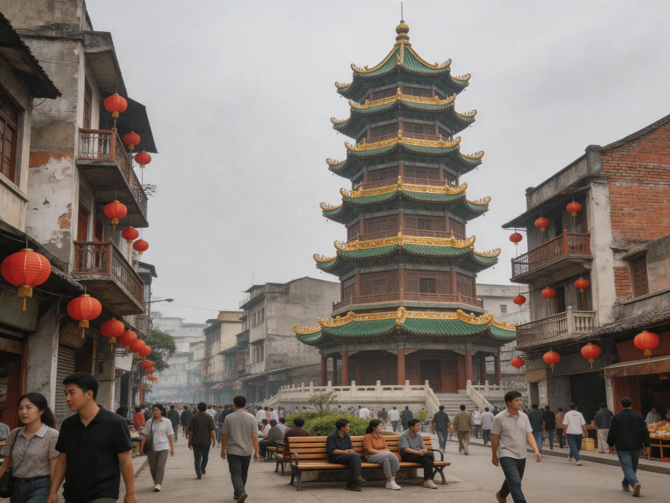 A multi - tiered pagoda tower amid ancient buildings with red lanterns