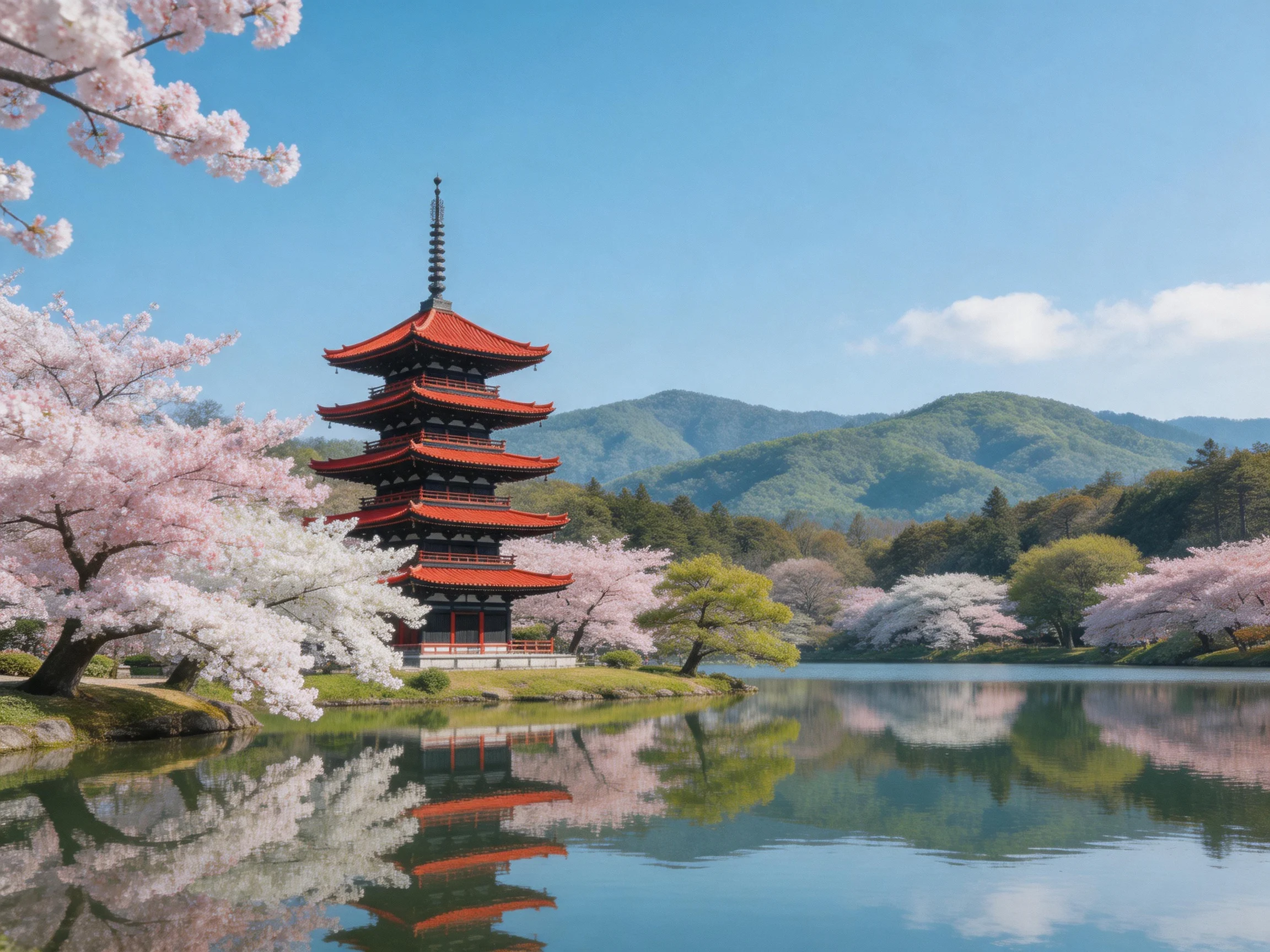 A multi - tiered red pagoda near blooming cherry trees by a tranquil lake