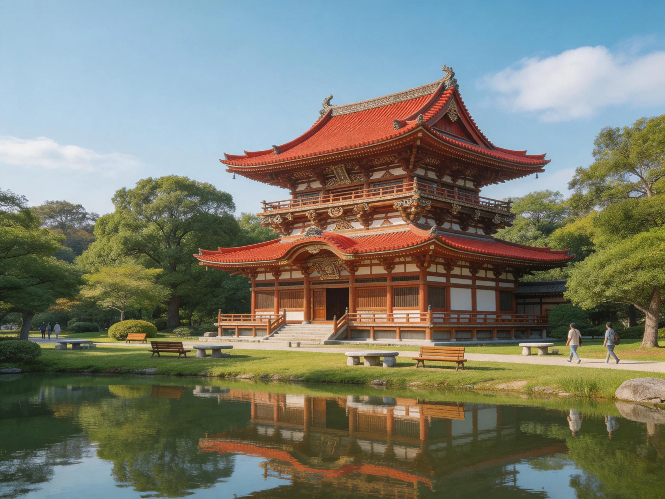 A multi - tiered red - roofed temple beside a reflective pond