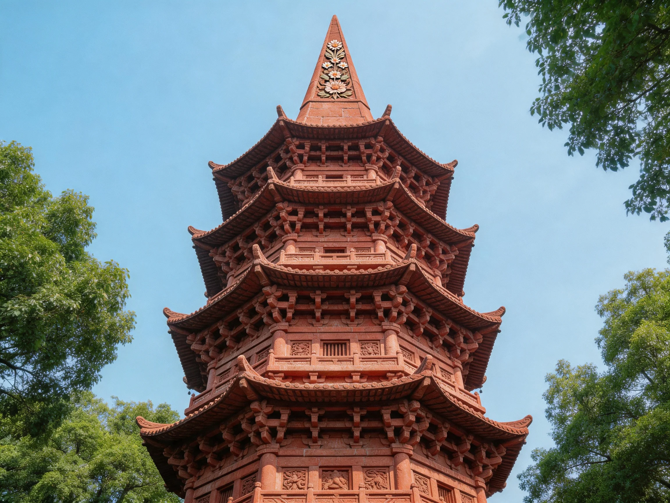 A multi-tiered reddish brick pagoda tower surrounded by green trees