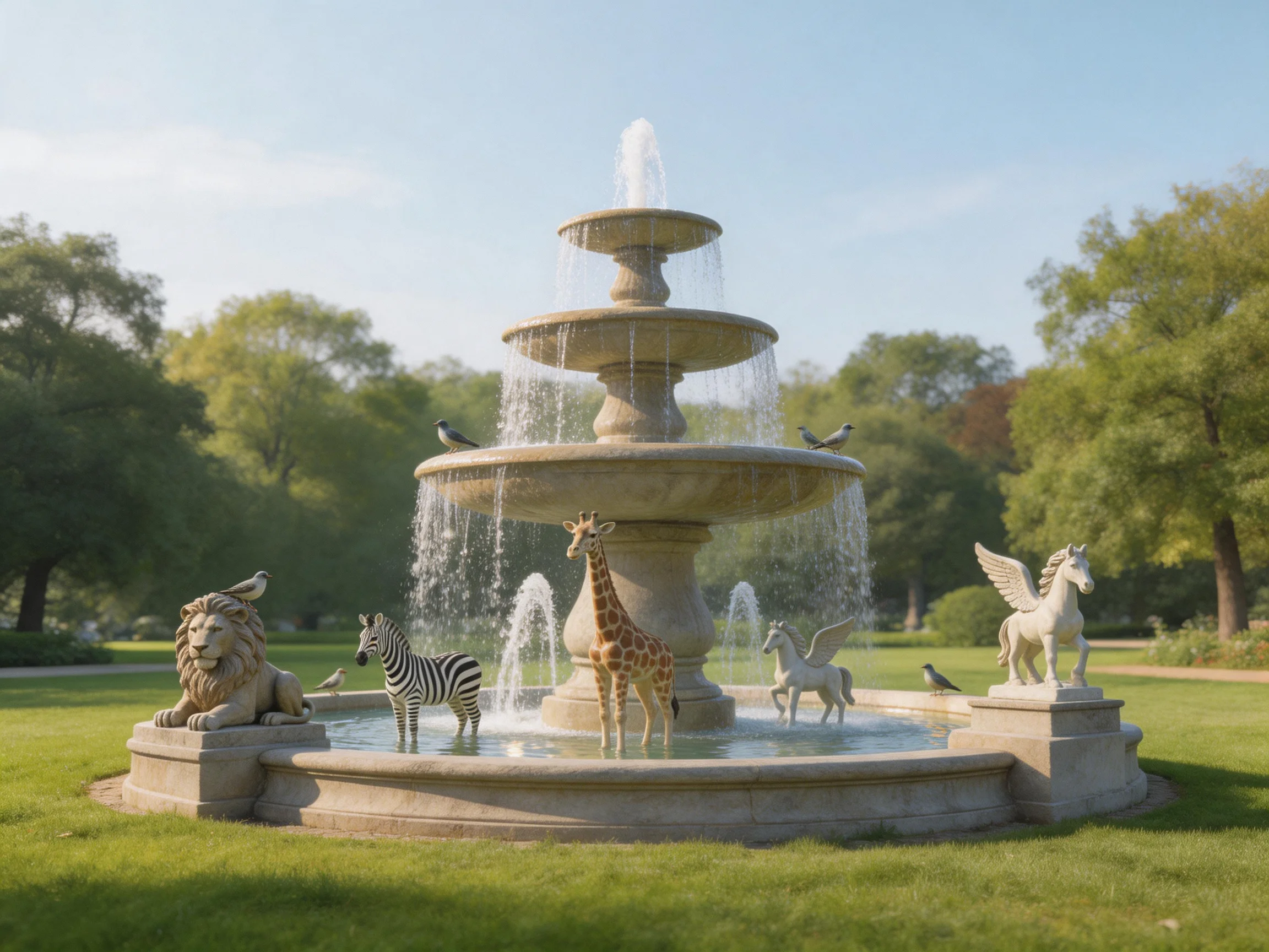 A multi-tiered stone fountain with animal statues and birds in a lush park