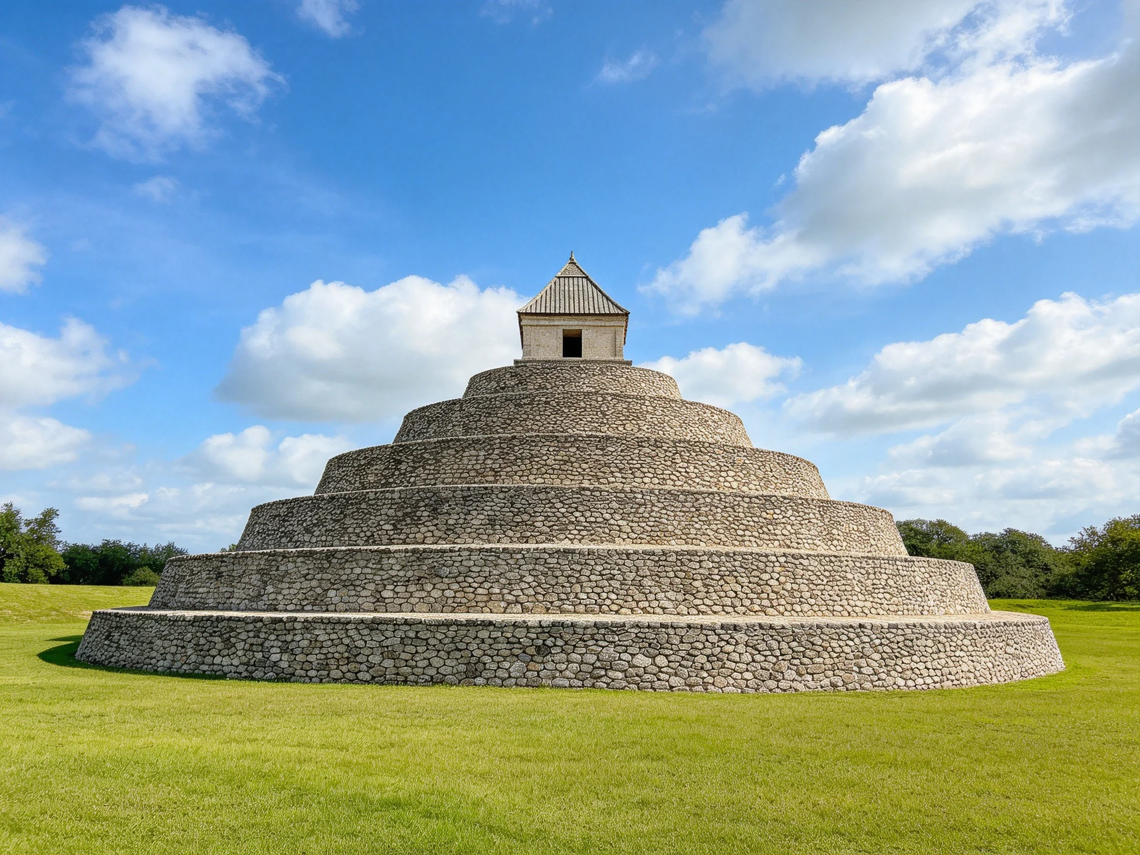A multi-tiered stone pyramid structure on a green field under a bright blue sky