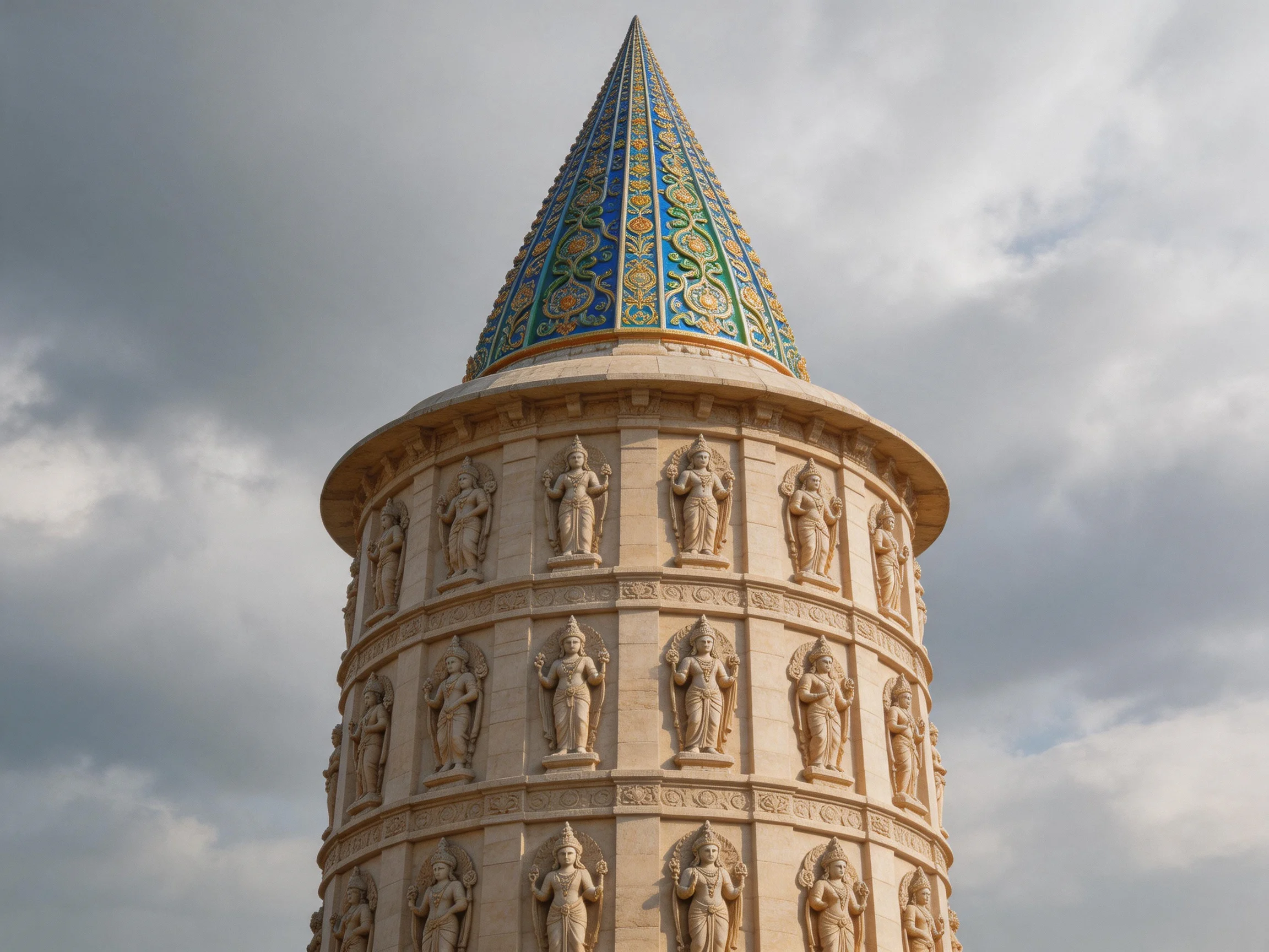 A multi - tiered stone tower with ornate statues and a colorful conical roof
