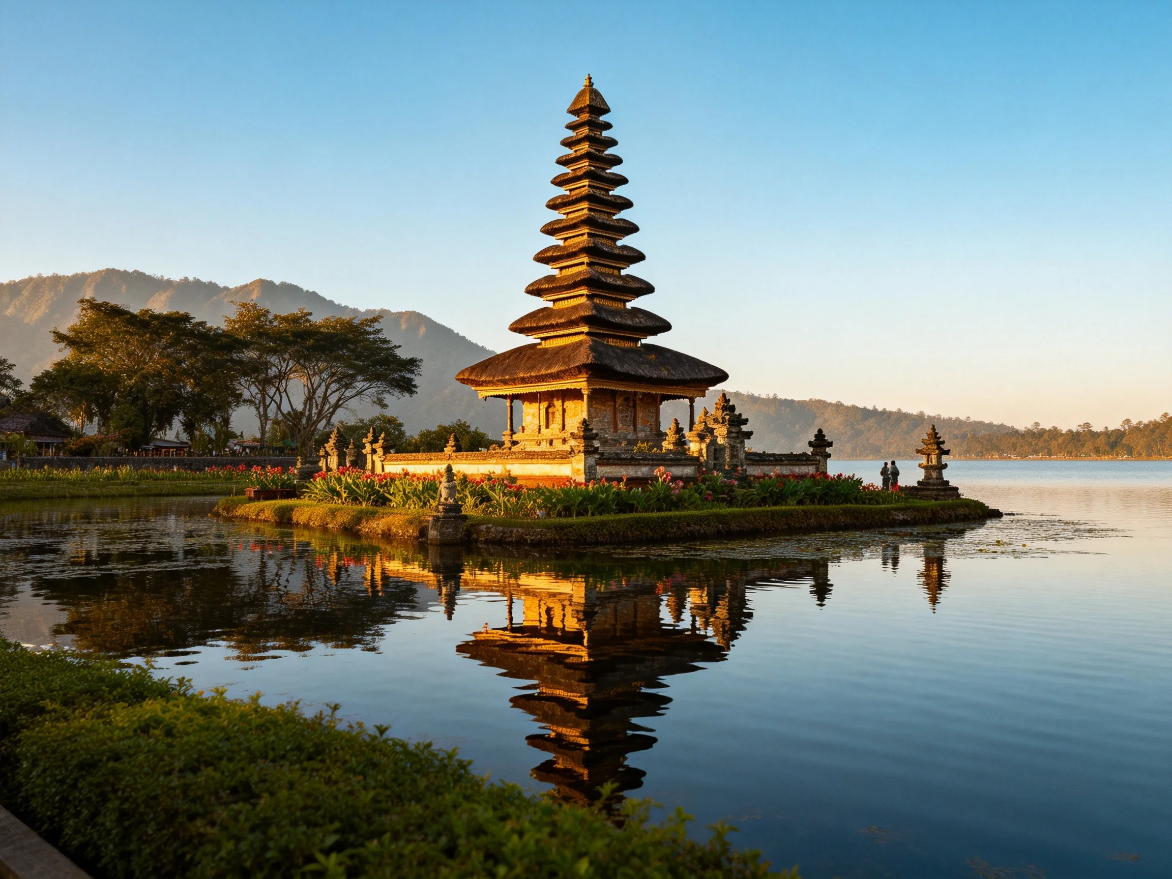 A multi-tiered temple reflects in a calm lake near misty mountains