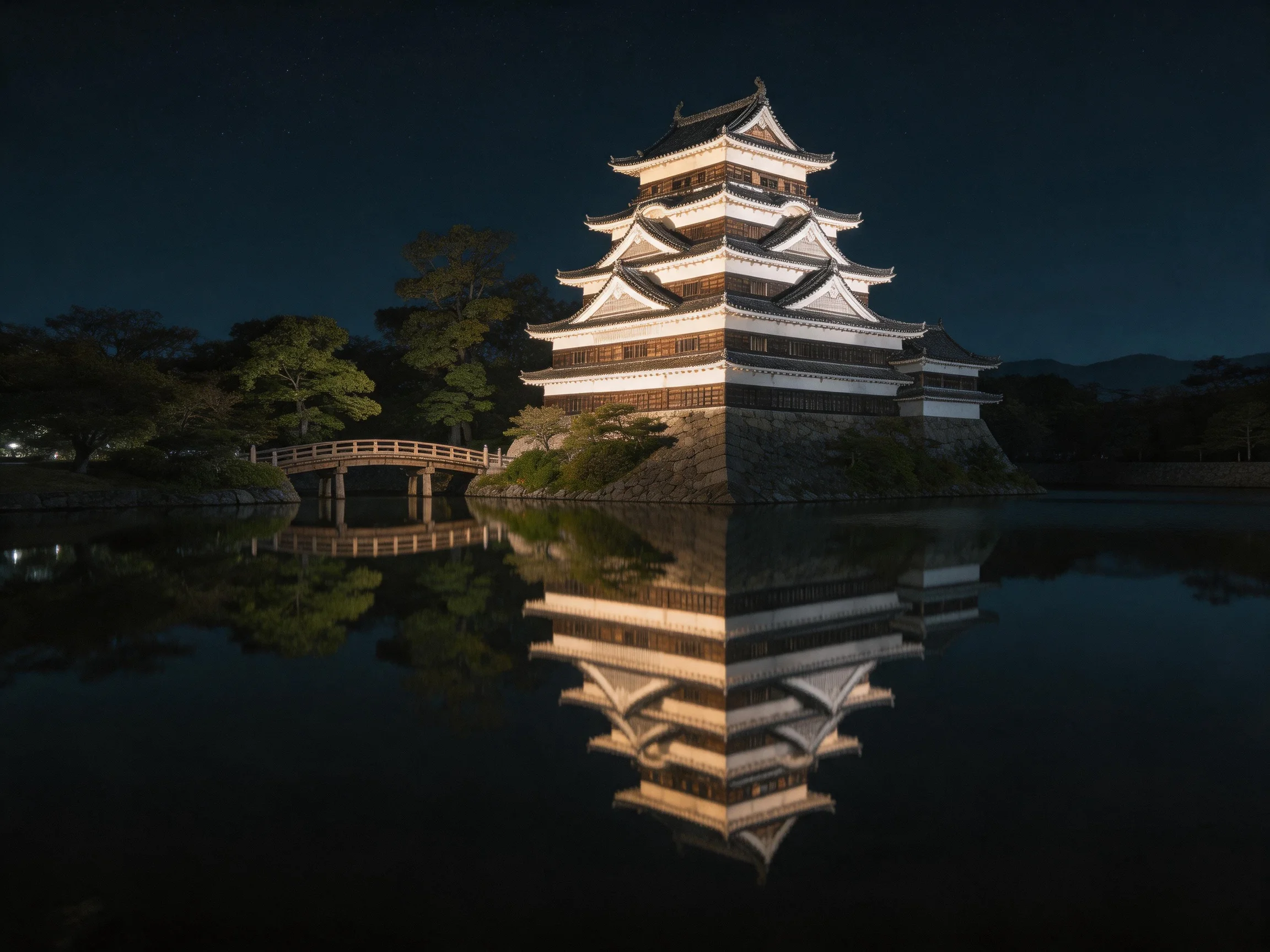 A multi-tiered white castle reflected in dark water at night