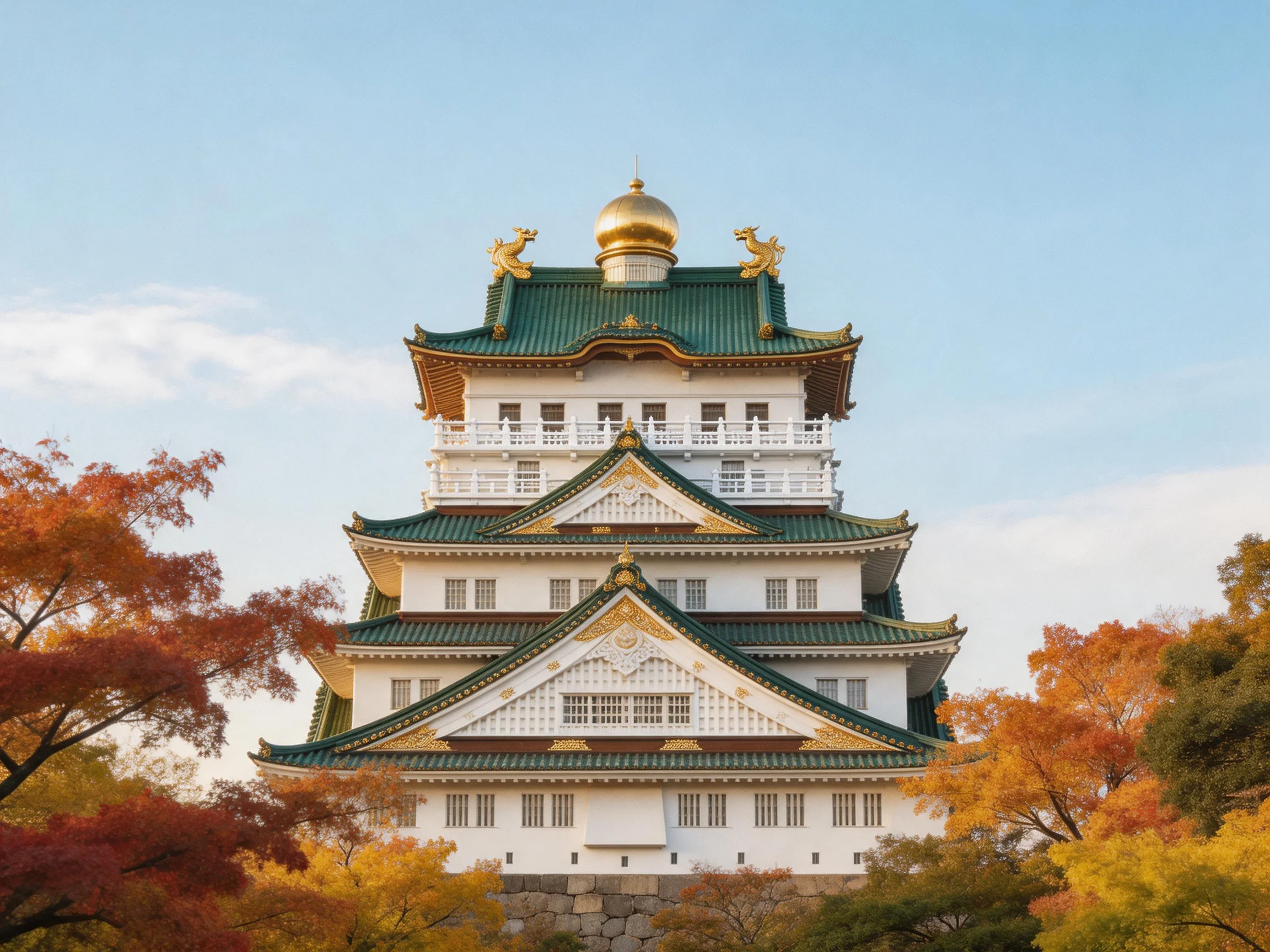 A multi-tiered white castle tower with green roof and golden dome surrounded by autumn trees.