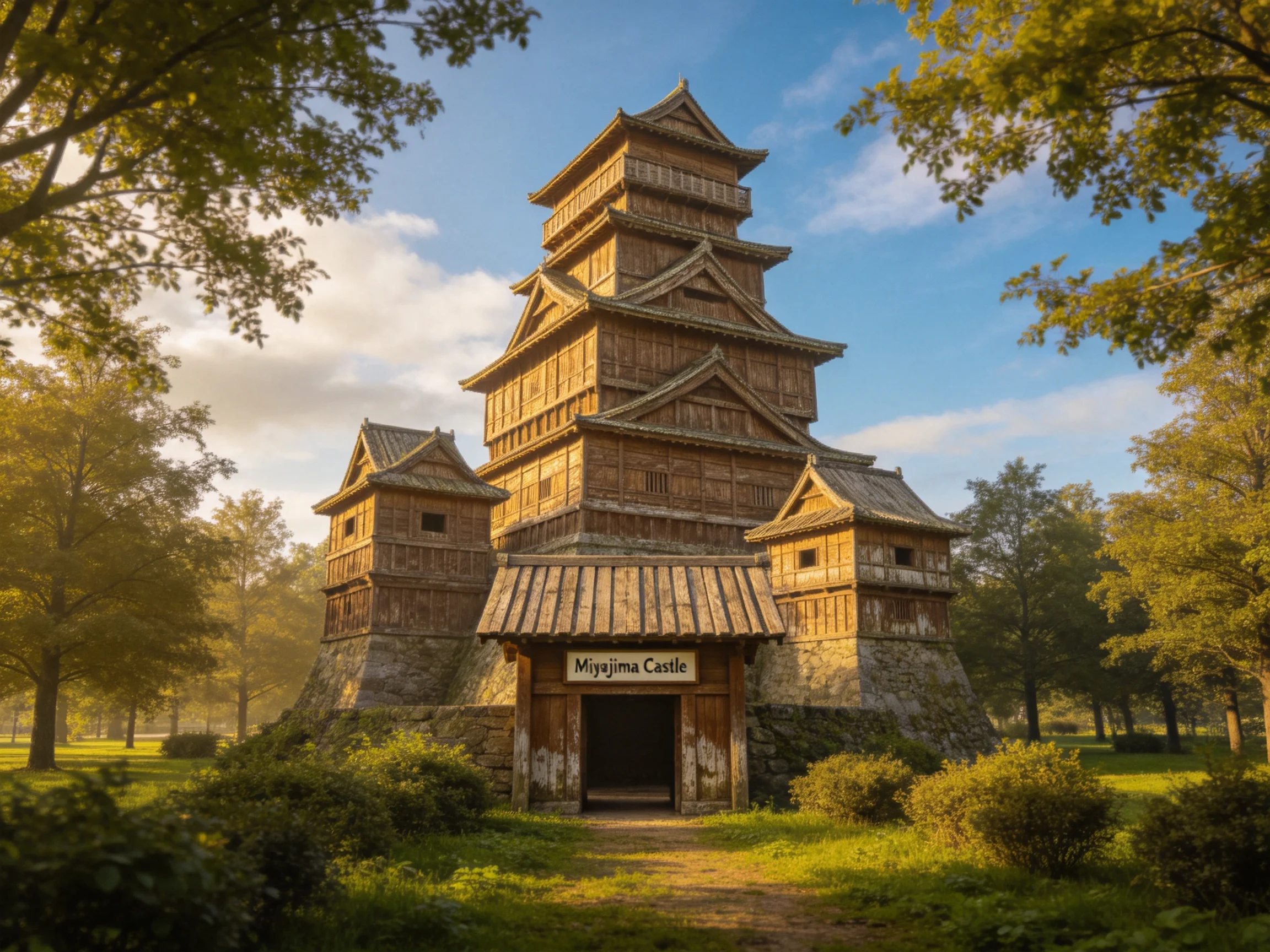 A multi-tiered wooden castle nestled among lush green trees