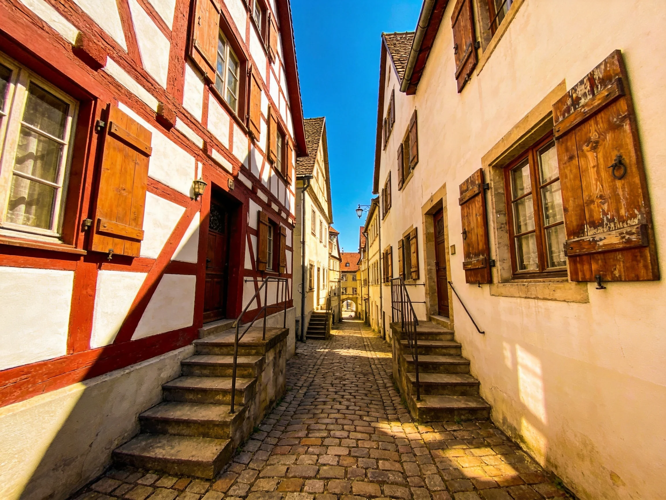 A narrow cobblestone alley between timber-framed and cream historic homes