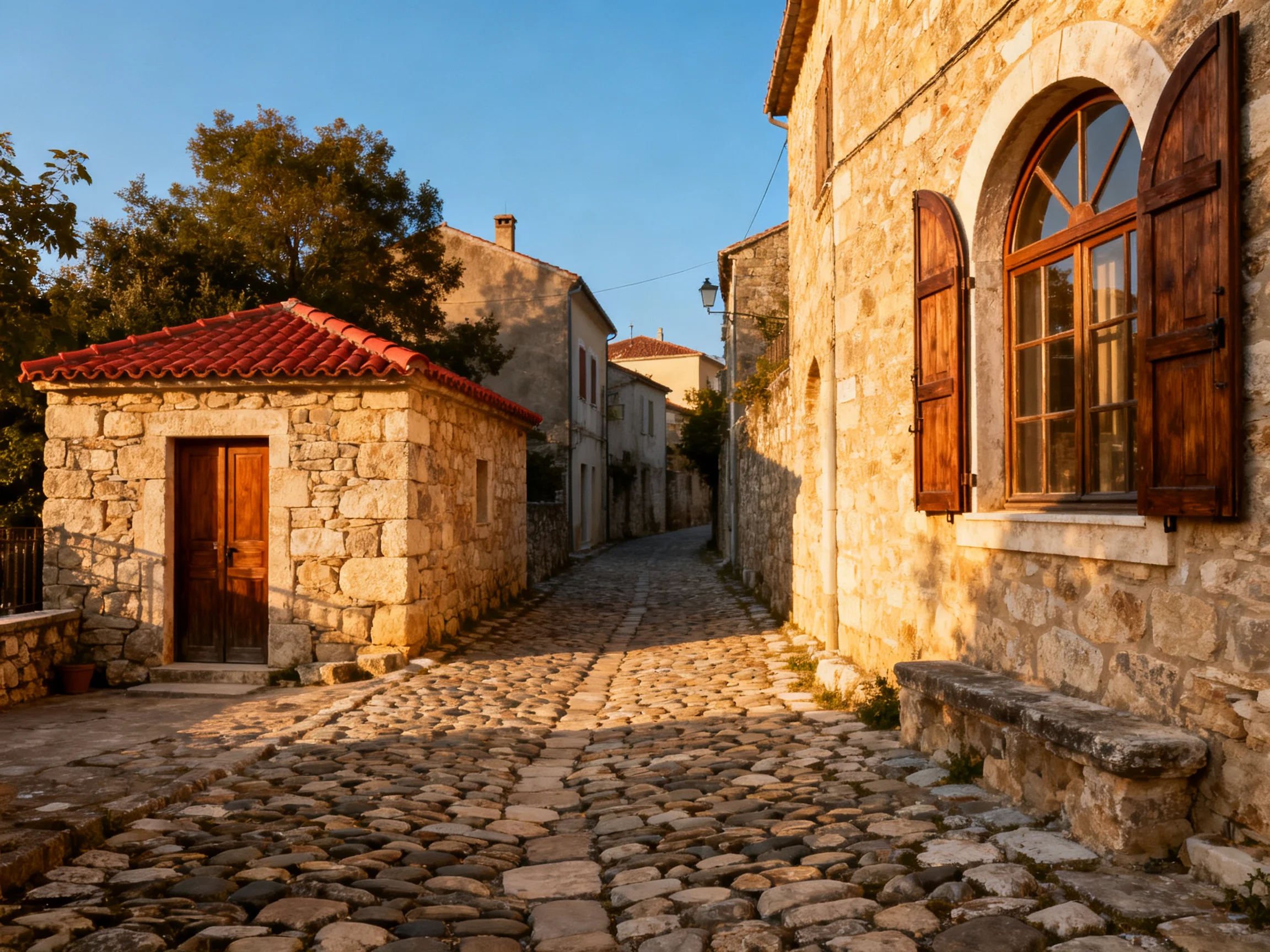 A narrow cobblestone street flanked by ancient stone buildings