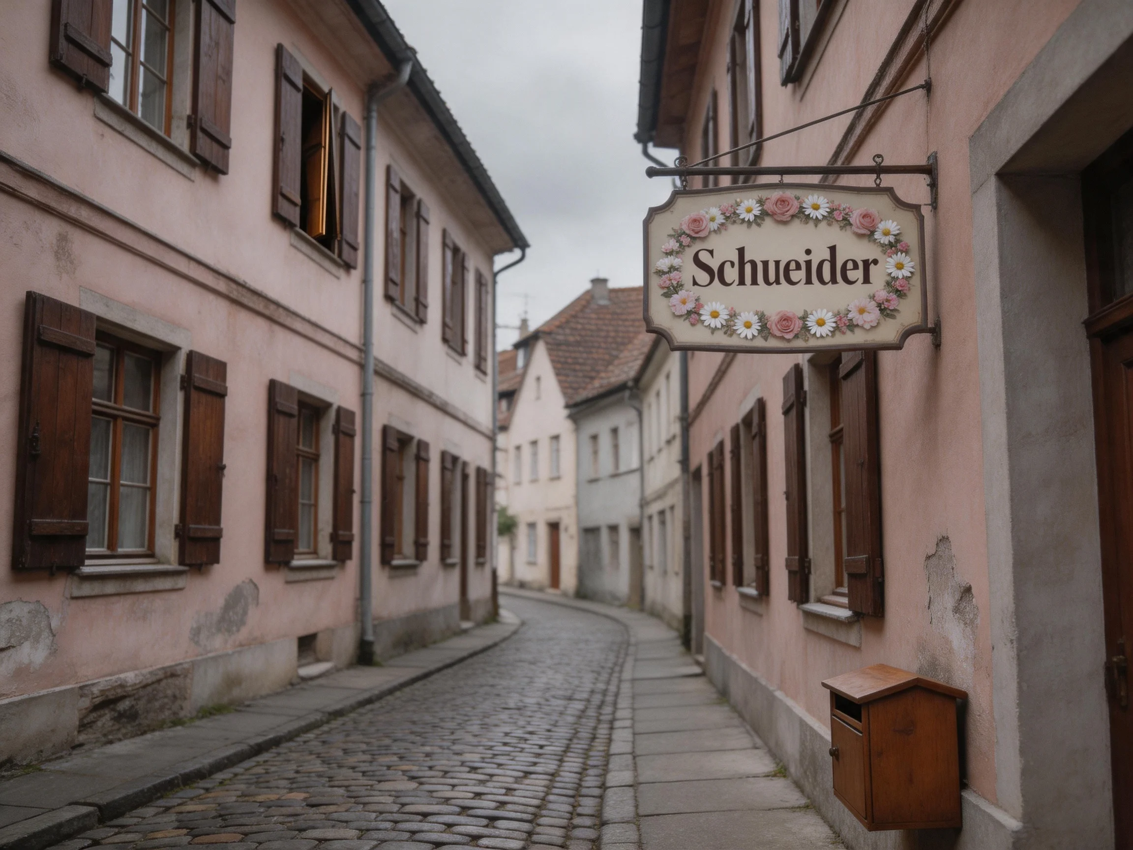 A narrow cobblestone street flanked by pastel pink historic buildings with wooden shutters