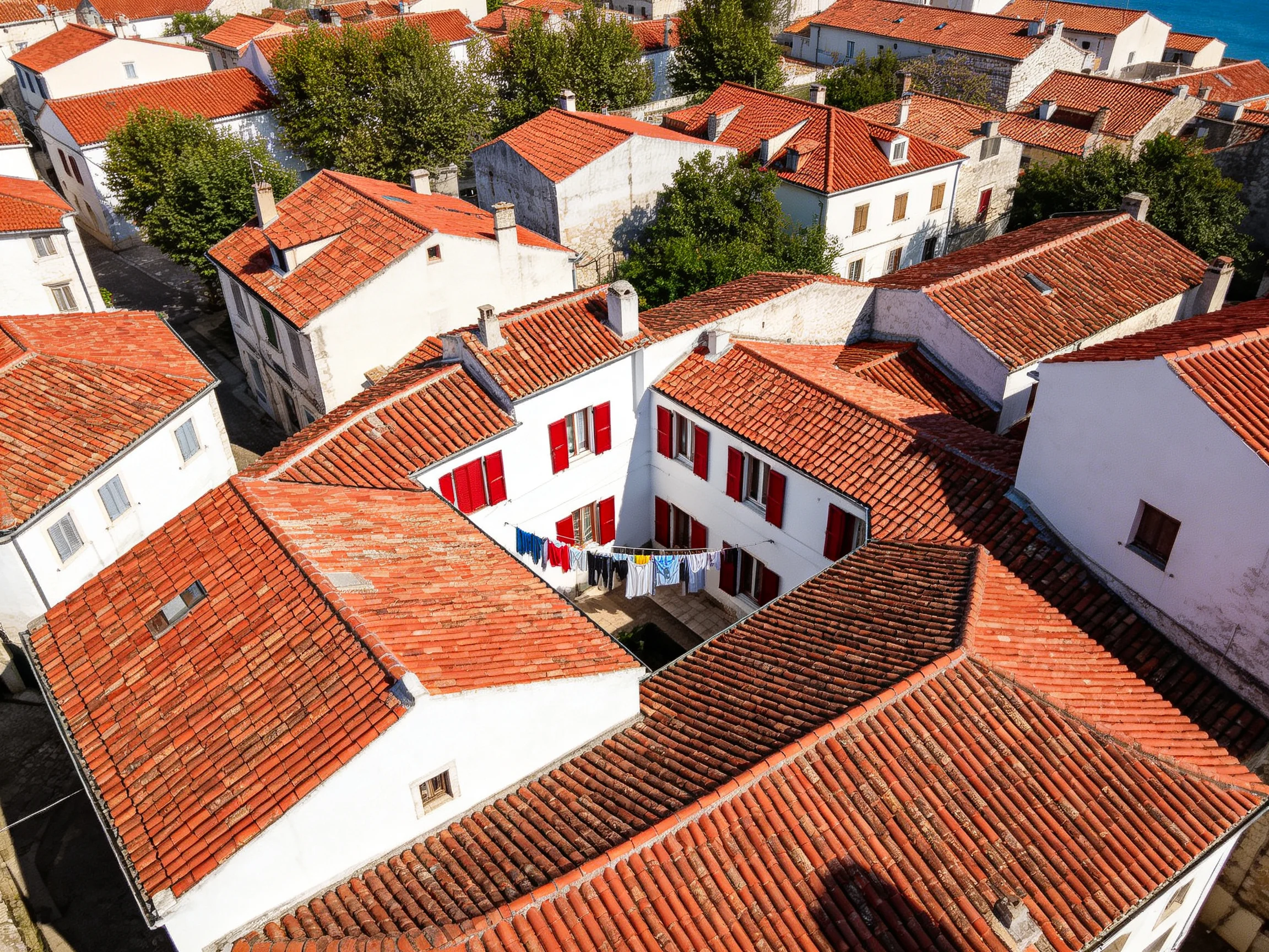 A narrow courtyard among white buildings with vibrant red tile roofs