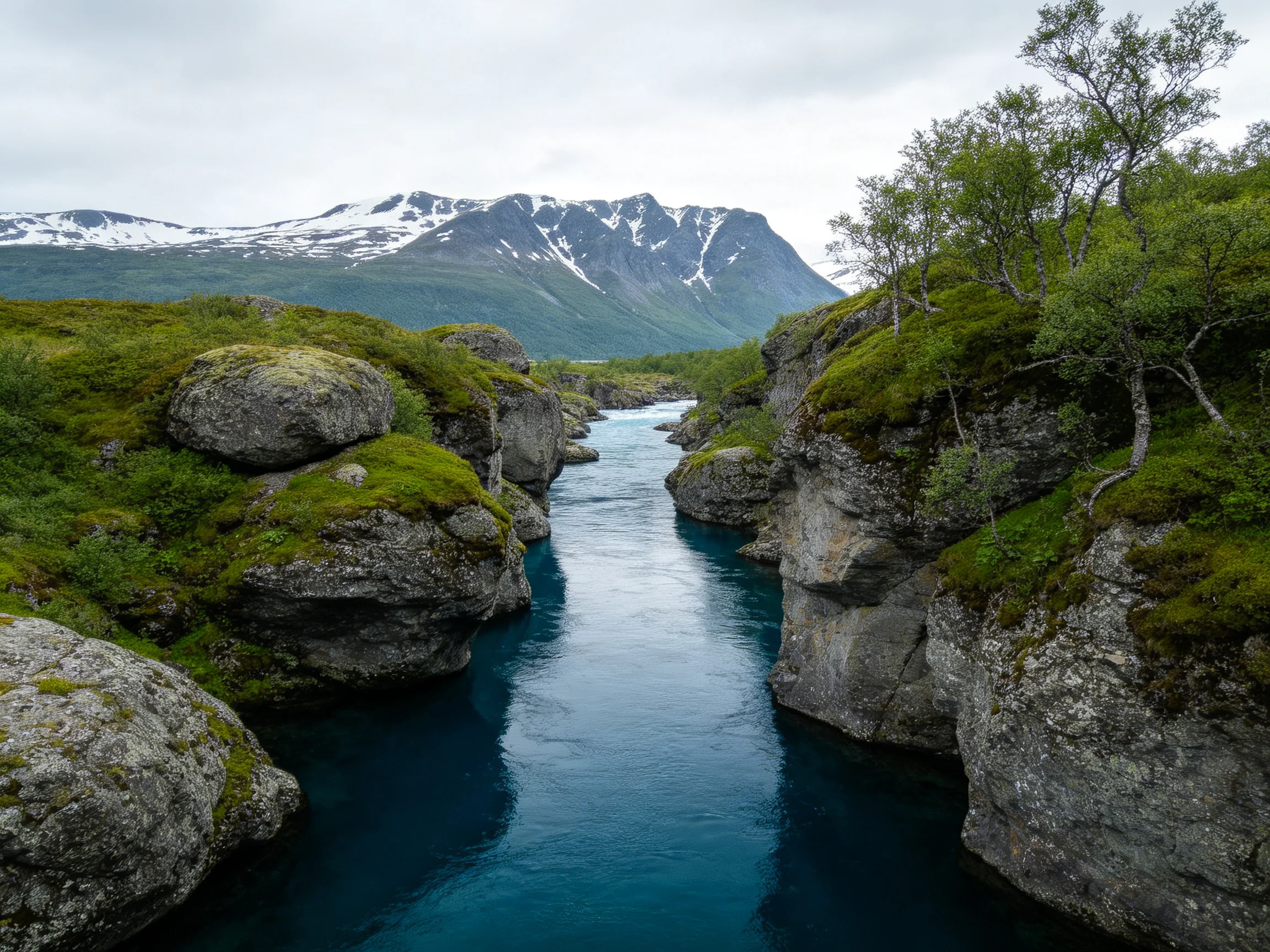 A narrow turquoise river winds between moss-covered rocky cliffs and snow-capped mountains