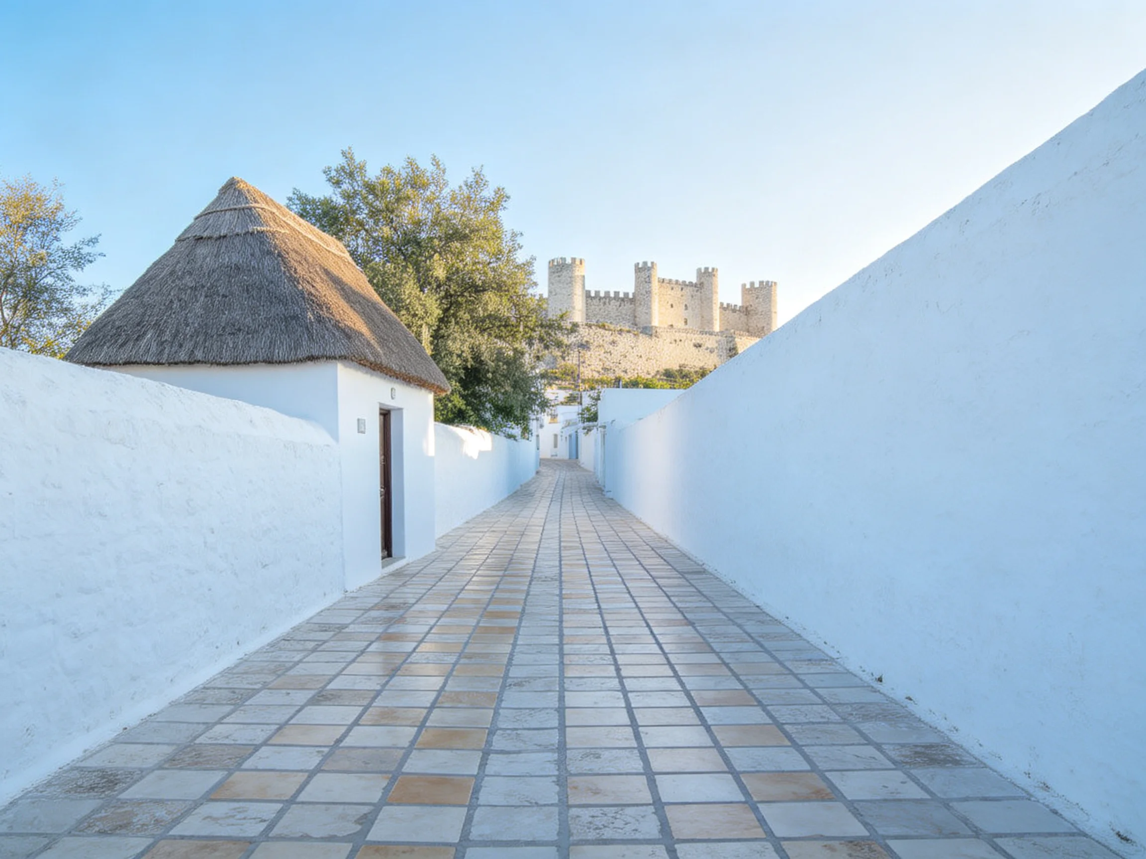 A narrow white-walled pathway leads to an ancient stone castle